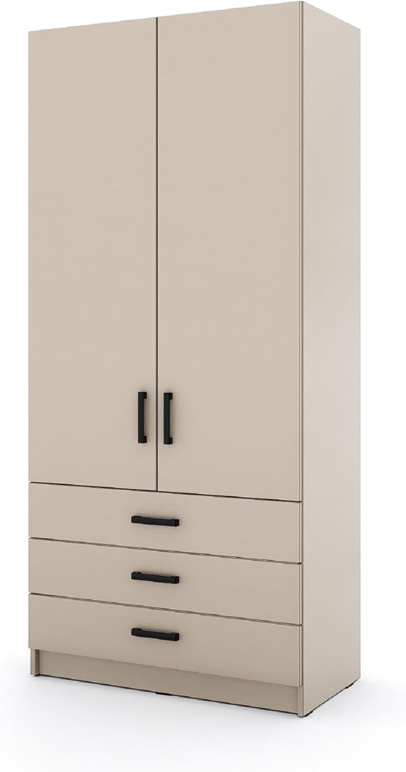 Kleiderschrank Sigma 90 cm breit mit 2 Drehtüren und 3 Schubladen Korpus in Kaschmir Schlafzimmerschrank Kinderzimmerschrank Systemschrank (Türen-Kaschmir, Schubladen-Kaschmir)