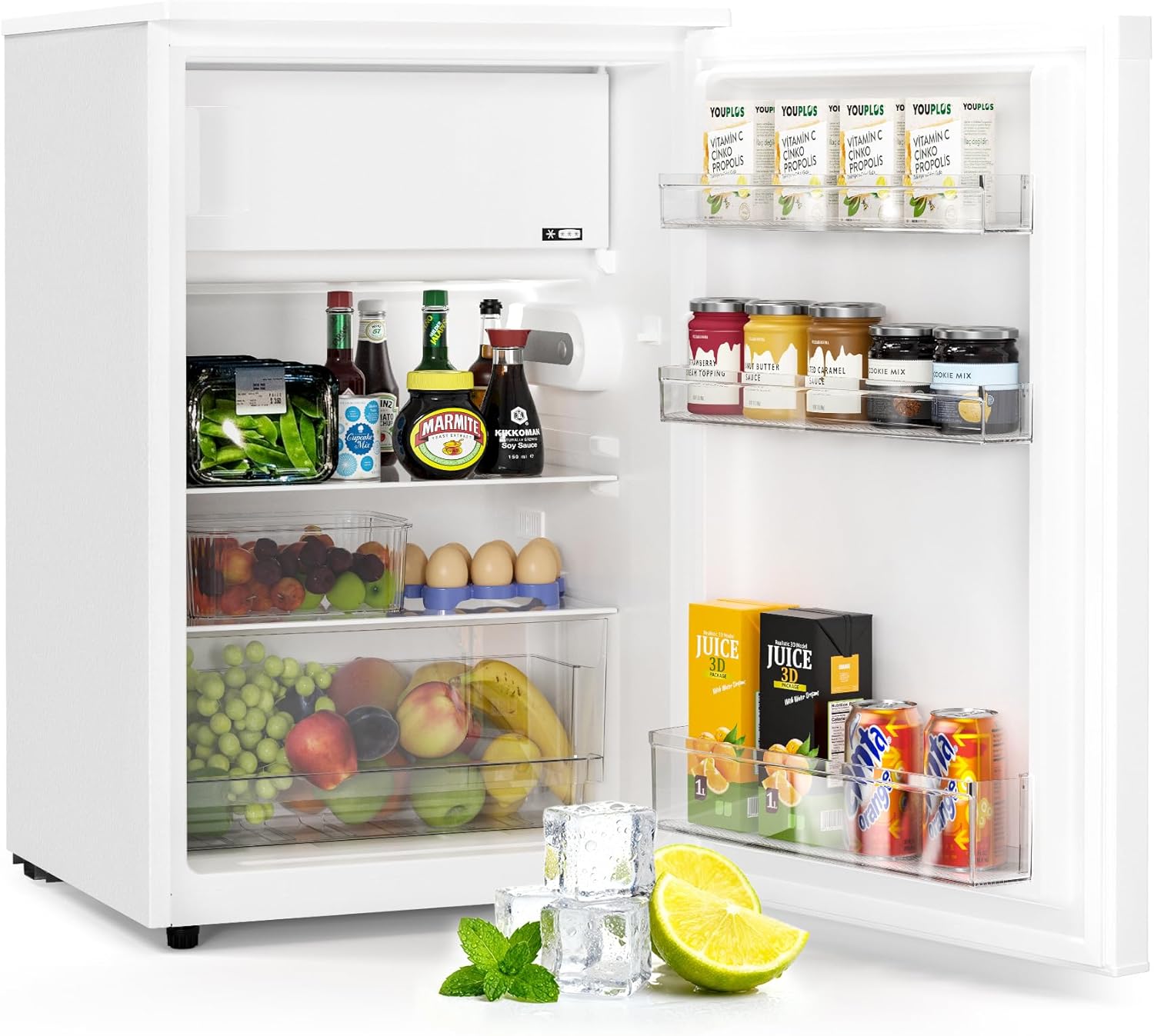 Upstreman 115L Kühlschrank mit Gefrierfach，Effizienzklasse D und Elektronische Temperatursteuerung，Kleiner Kühlschrank mit LED Beleuchtung，CR115-Weiß