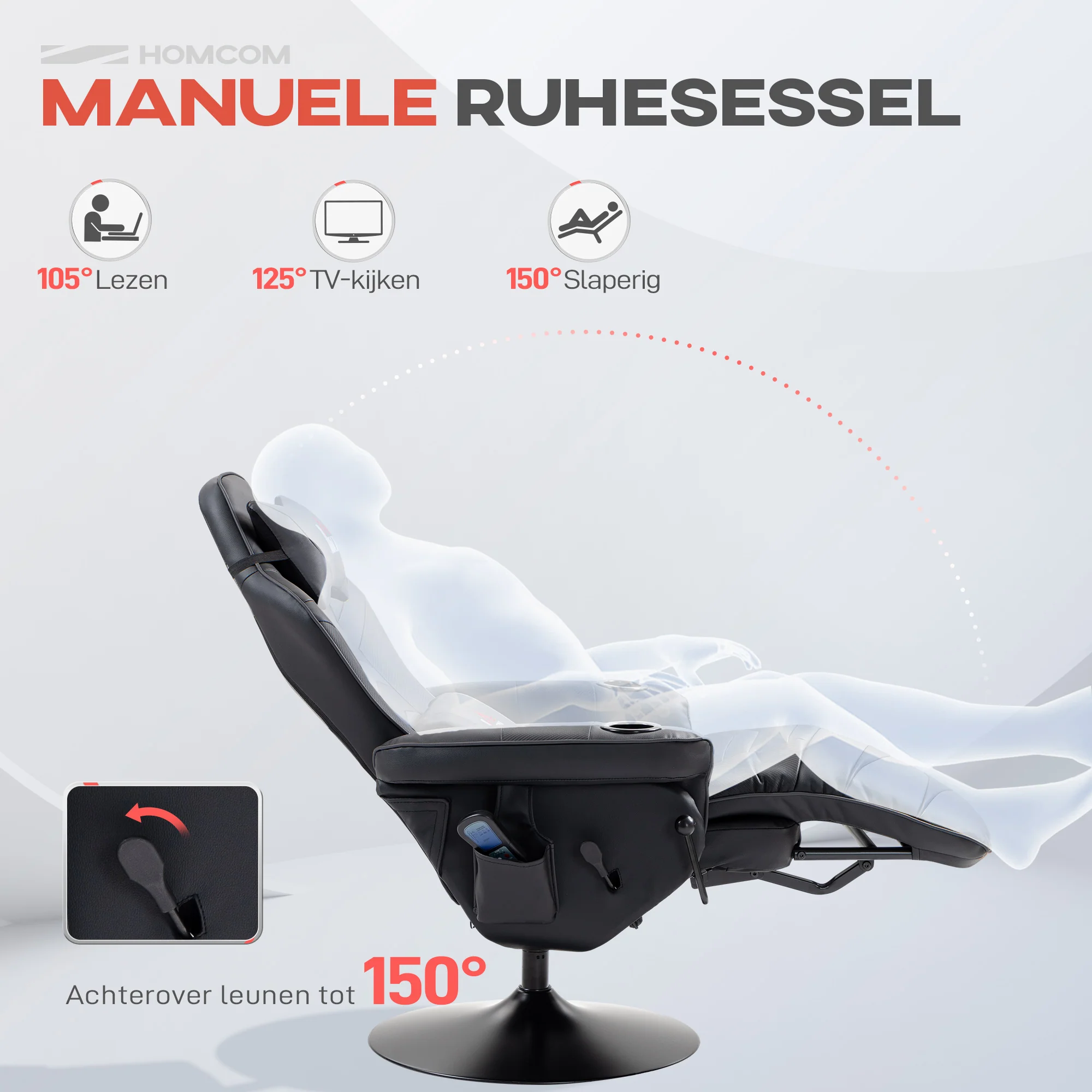 HOMCOM Gamingstoel, Massagefunctie, Kantelbare Rugleuning, Voetensteun, tot 120 kg, Stalen Frame, Kunstleer, Zwart