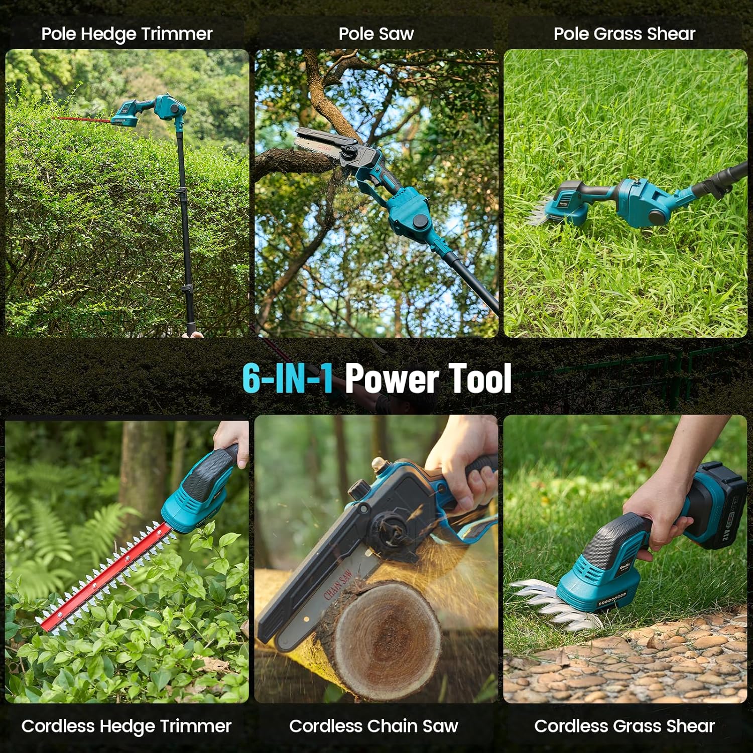 Seesii 6-in-1 Mini Kettensäge & Akku Heckenschere Set, mit 2 * 4000mAh Akkus, Hochentaster mit Teleskopstange, Maximale Reichweite bis zu 4,57m, Geeignet für Gartenpflege und zum Holzfällen