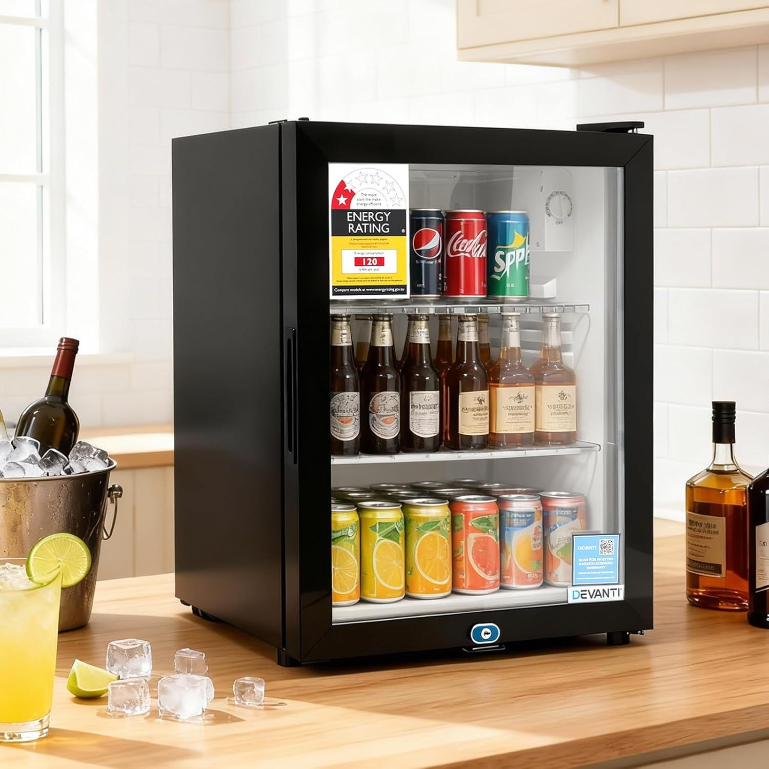 Devanti 56L Compact Mini Bar Fridge with Glass Door for Home and Office, Black