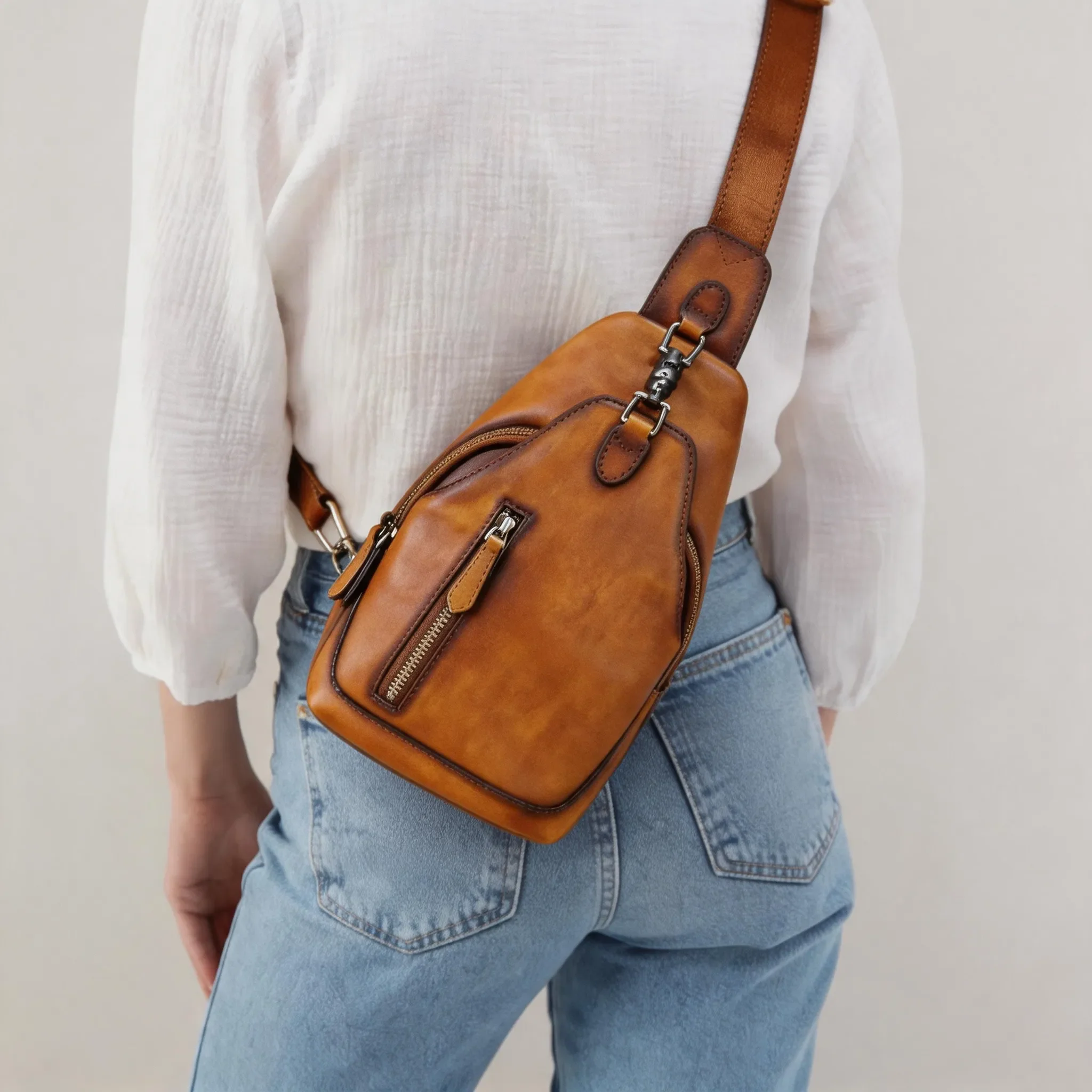 Full Grain Leather Sling Bag Chest Purse