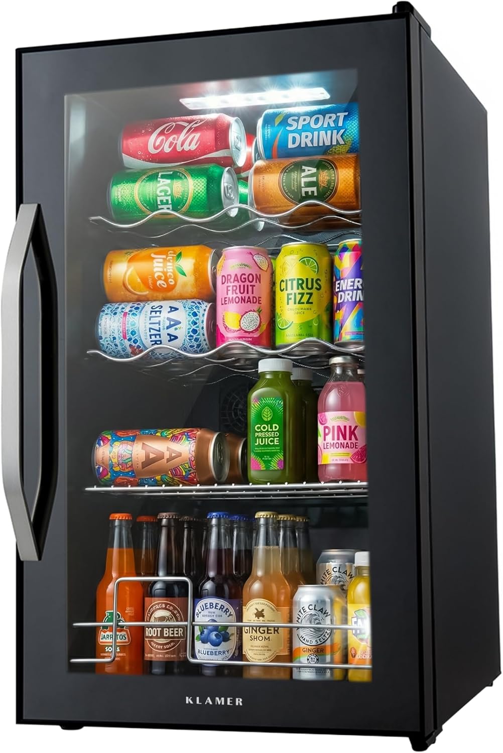 KLAMER Getränkekühlschrank 60 L, Mini Kühlschrank bis 60 Dosen, 0–20°C Touch Display, Glasfront, Automatische Abtaufunktion, Edelstahlgriff, Kühlschrank ohne Gefrierfach