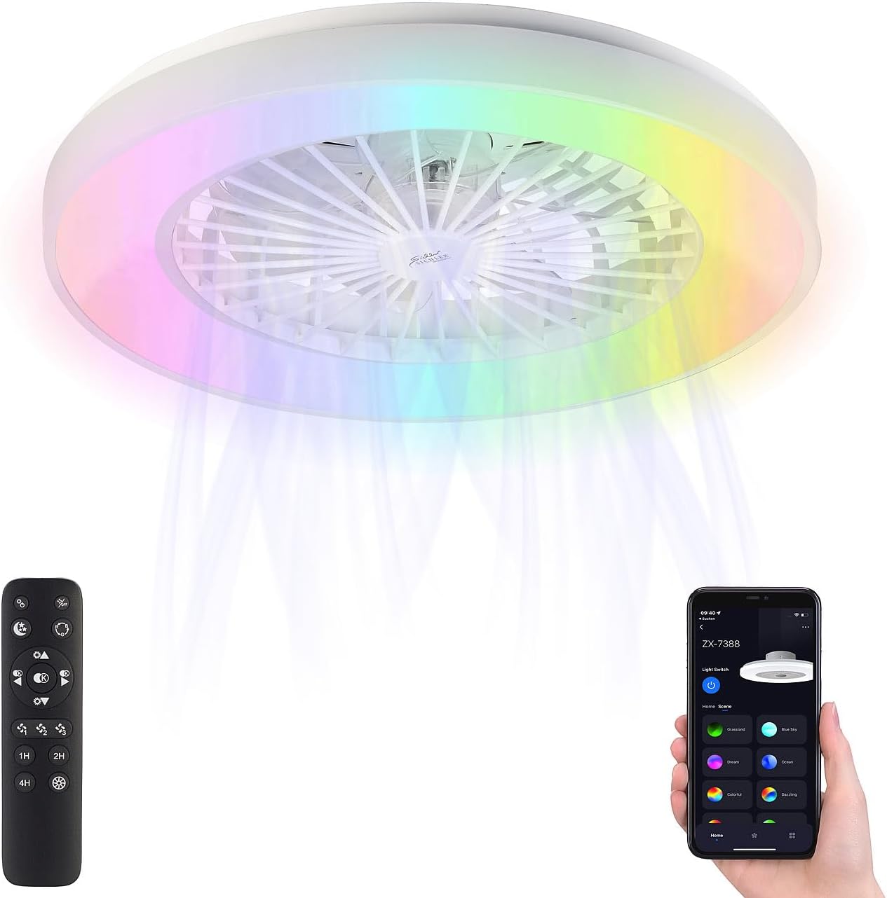 Sichler Haushaltsgeräte Ventilatorlampe: 2in1-WLAN-Deckenleuchte & Ventilator, RGB-CCT-LEDs, 30W, 1.250 lm, App (Deckenventilator mit Licht, Deckenventilator LED, Kühl)