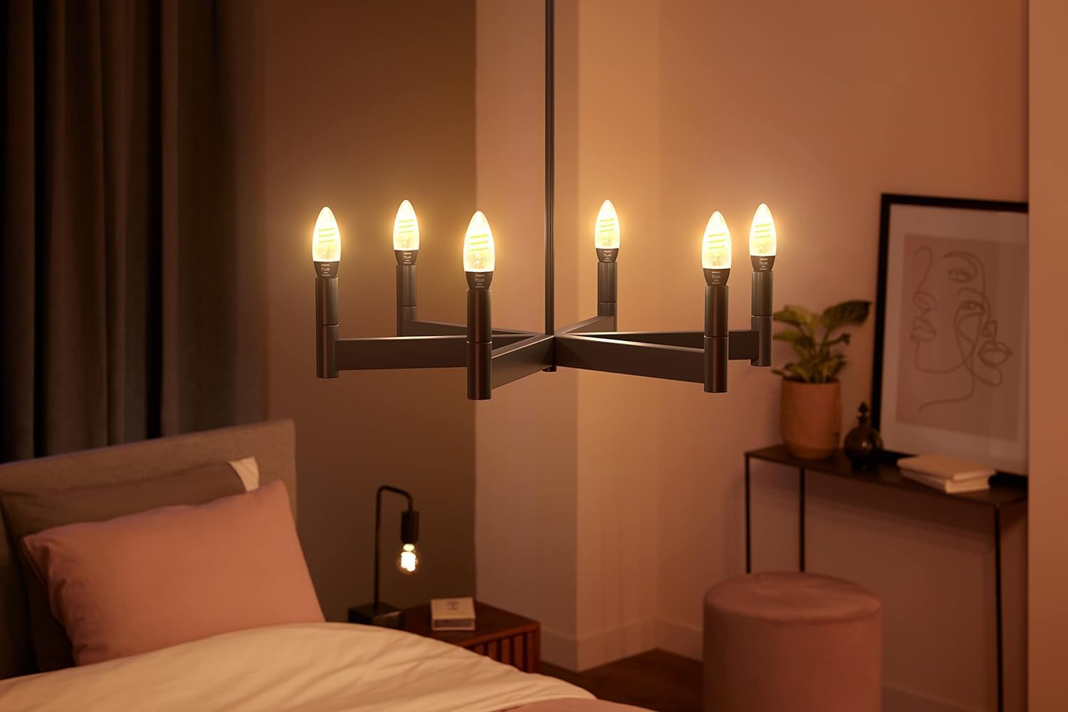 Hue White Ambiance Filament E14 LED Lampe, dimmbar, 350lm, alle Weißschattierungen, App-steuerbar, Alexa-kompatibel, Klar (6er Pack) mit kabellosem Dimmschalter für Lichtszenenabruf