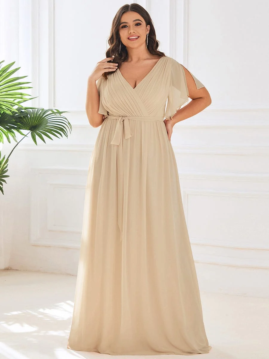 Abendkleid Damen Maxi A-Linie aus Chiffon | Festliches Kleid f��r Hochzeitsg?ste mit V-Ausschnitt und Fl��gel?rmeln