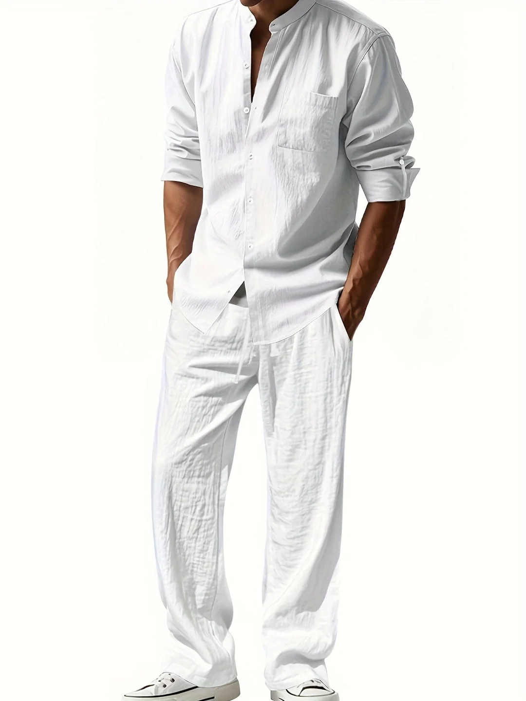 Leinen Set Herren | Luftiges Sommer Set aus atmungsaktivem Leinen mit Stehkragen Hemd und Relaxed Fit Hose f��r den Urlaub