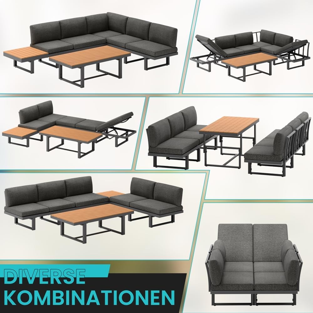 Mucola Gartenmöbel Set Aluminium Essgruppe mit 5-Fach verstellbare Rückenlehnen Sitzgruppe höhenverstellbarer Tisch | wetterfest und rostfrei | Essgruppe extra Dicke Wasserabweisende Kissen