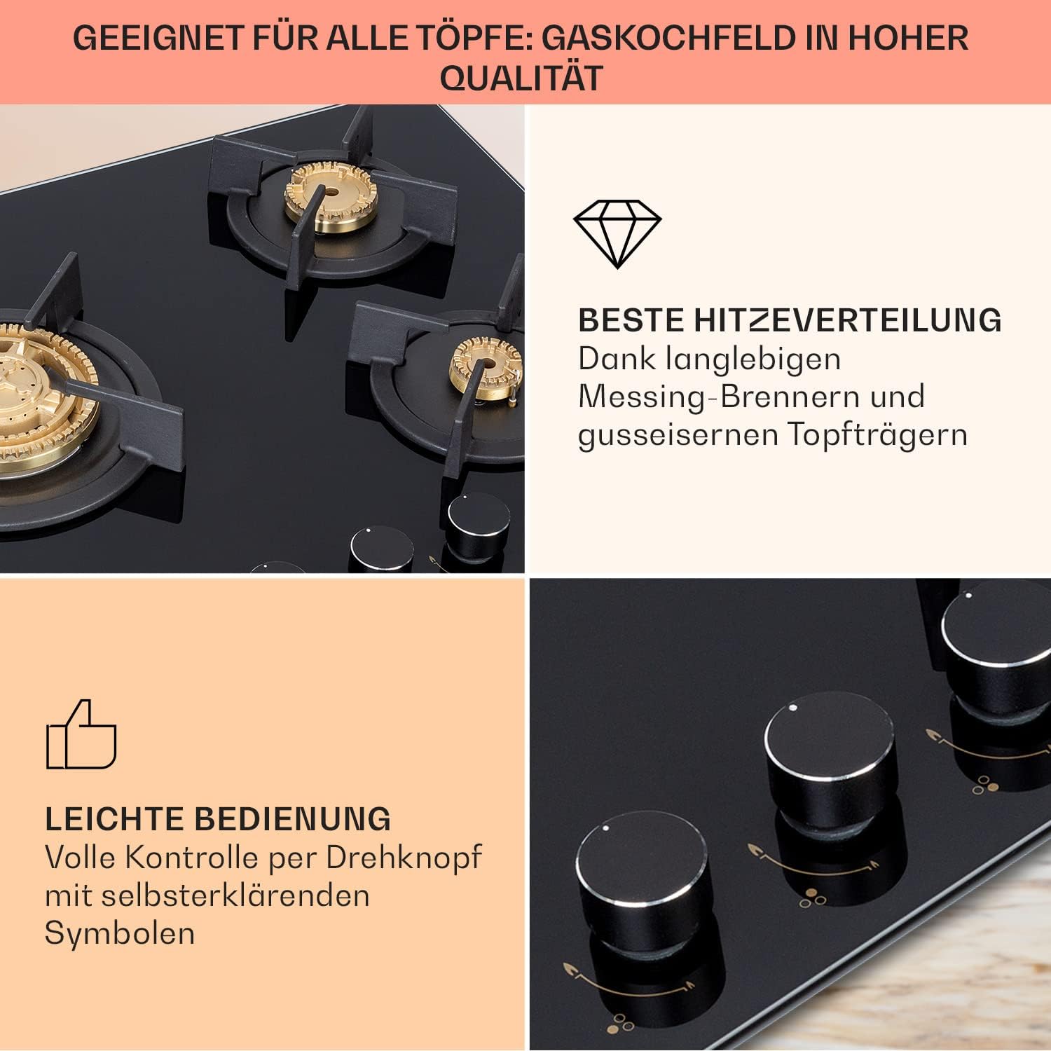 Klarstein Gasherd, Gaskochfeld 4 Flammig, Einbau-Gaskocher für Zuhause & Wohnmobil, Campingkocher mit Glasplatte, Gasherd für Propan- und Erdgas, Edelstahl Gas-Herdplatte Wok Brenner 8000 Watt