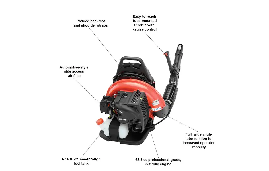 2-takt benzine rugblazer met 63,3 cm3, 233 MPH luchtsnelheid, 651 CFM luchtvolume, met gasklep aan de pijp