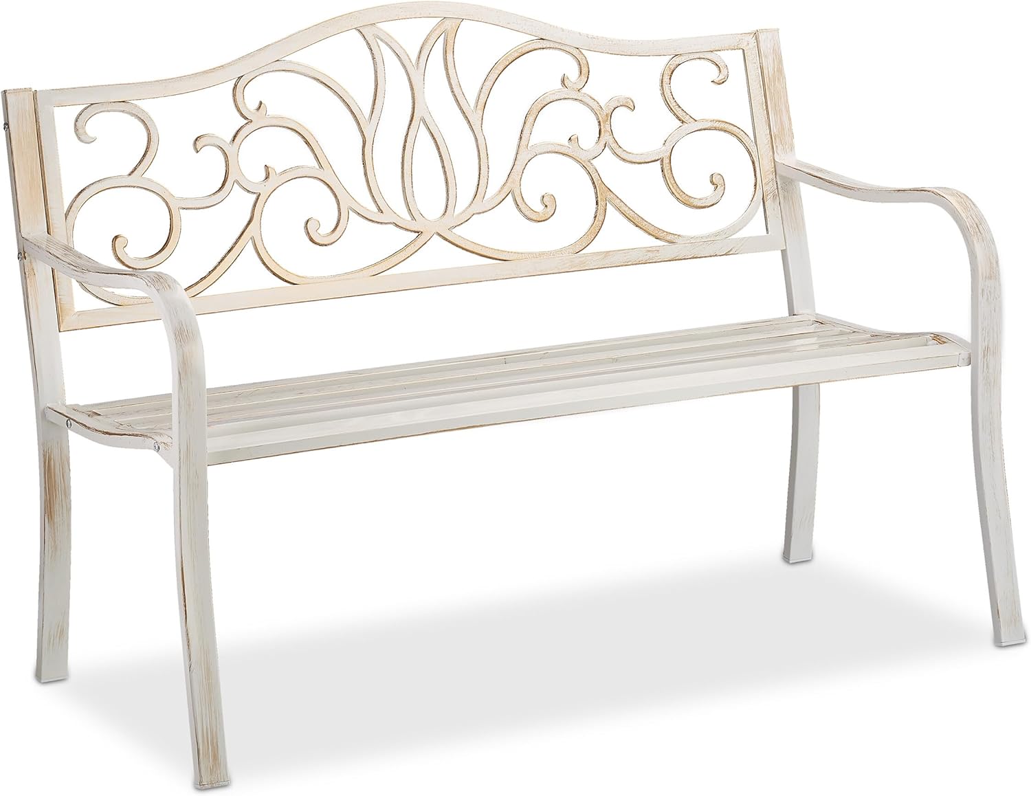 Relaxdays Gartenbank Antik für 2 Personen, Balkon, Terrasse, Premium Rostschutz, Metallbank 90x127,5x63 cm, weiß-bronze