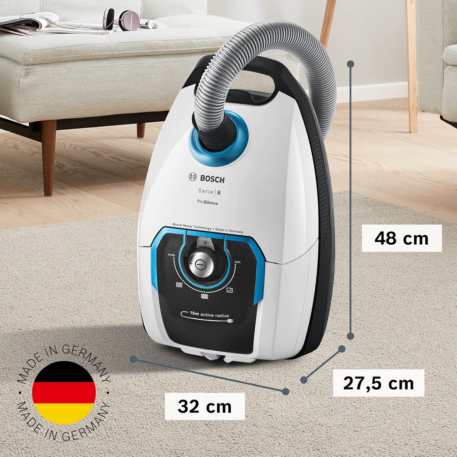 Bosch Stofzuiger met zak Serie 8 BGB75X494, sledestofzuiger, ideaal voor mensen met allergie?n, hygi?nefilter, vloermondstuk voor parket, tapijt, tegels, lange kabel, stil, 650 W, blauw