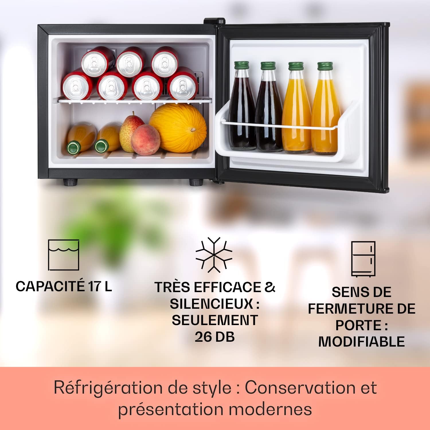 KLARSTEIN Mini Frigo de Chambre pour Boissons, Silencieux, Mini Bar Intérieur, Bières, Vins, Petit Refrigerateur Camping, 3 Niveaux de Refroidissement, Frigo Cosmetique, 0-15°C, 17L