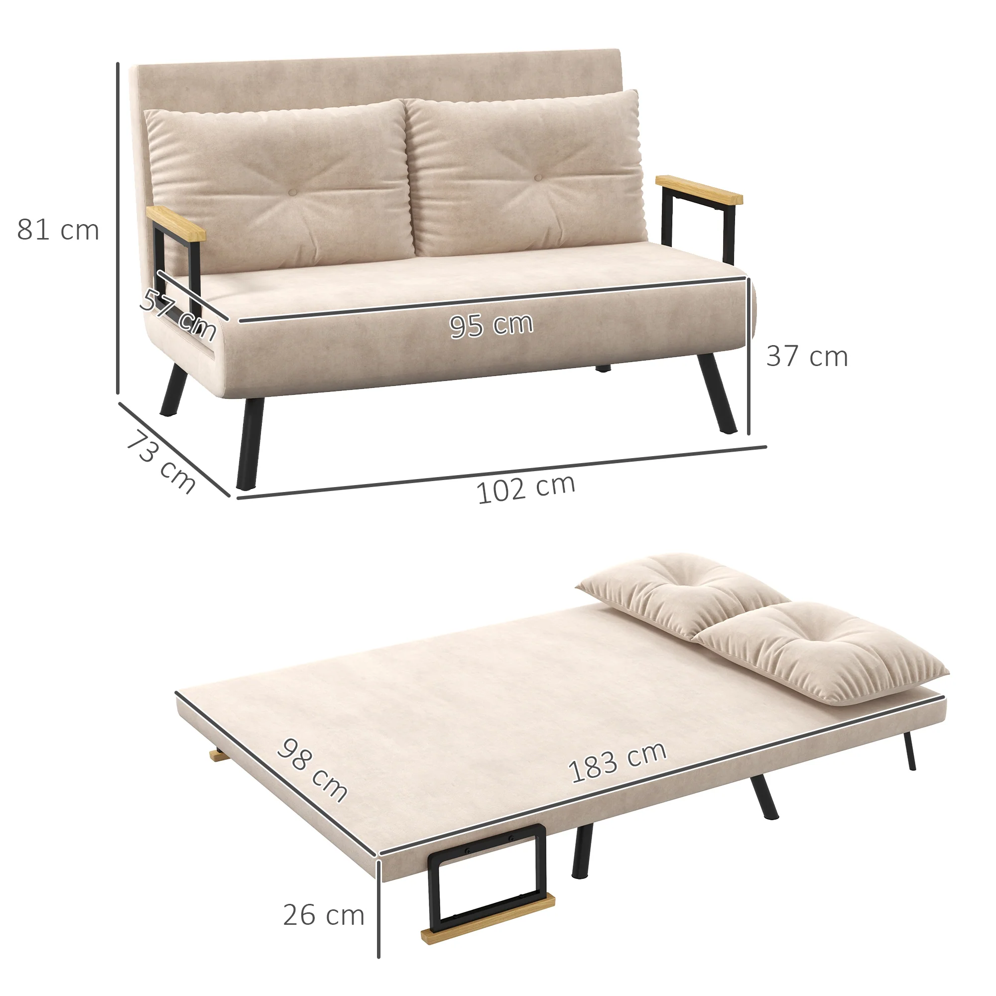 HOMCOM Slaapbank 2-zitsbank Fluweelbank, Slaapfunctie, incl. 2 kussens, Fluweel Optiek, Natuur + Beige + Zwart