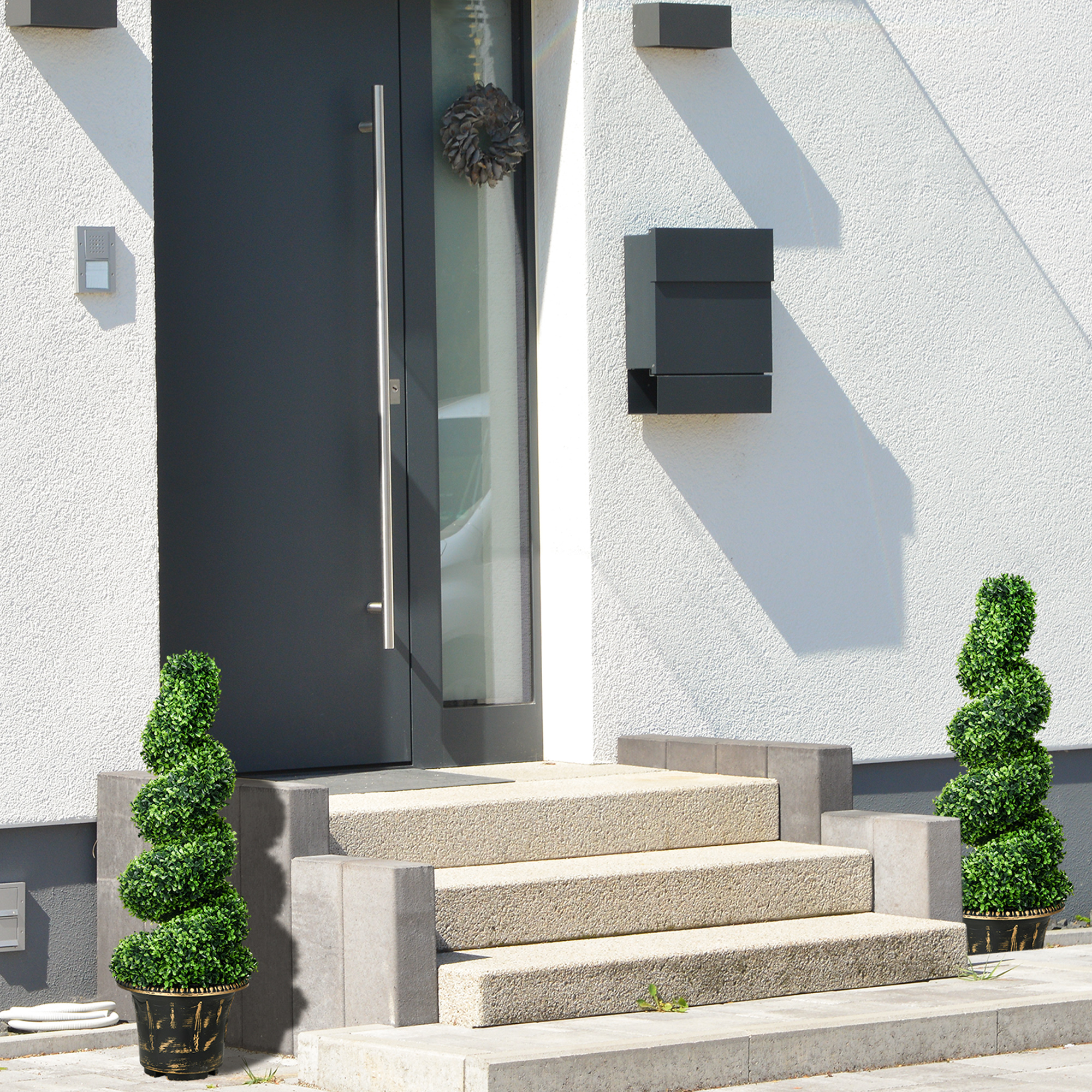 Spiraalvormige Buxus, Set van 2 Kunstplanten, met Pot, 90 cm Hoog, Groen