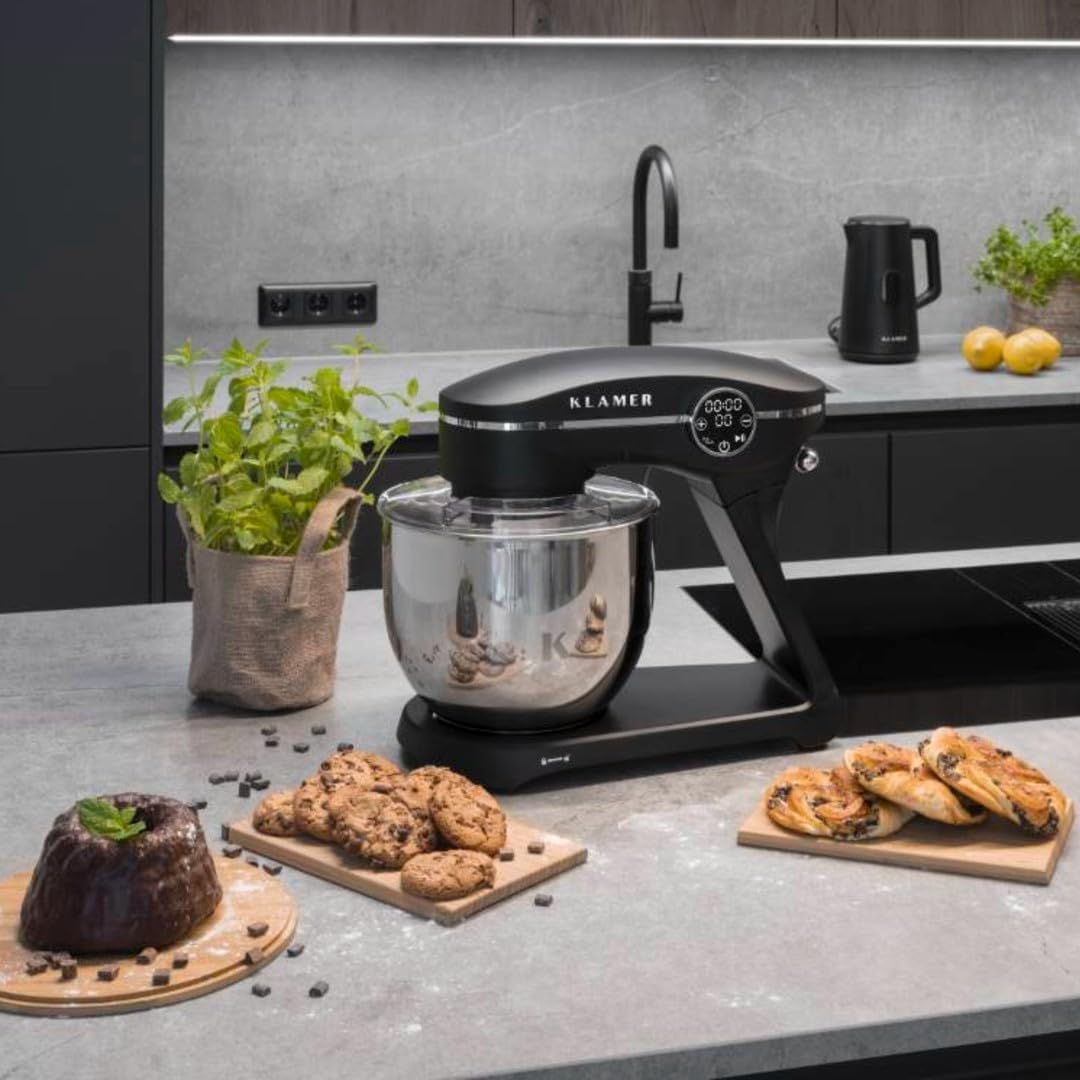KLAMER Küchenmaschine 1800W, Knetmaschine Brotteig mit Edelstahl-Rührschüssel 6 L, 10 Stufen mit Timer, Planetenrührwerk, Rührbesen, Knethaken, Schneebesen & Sichtdeckel (schwarz)