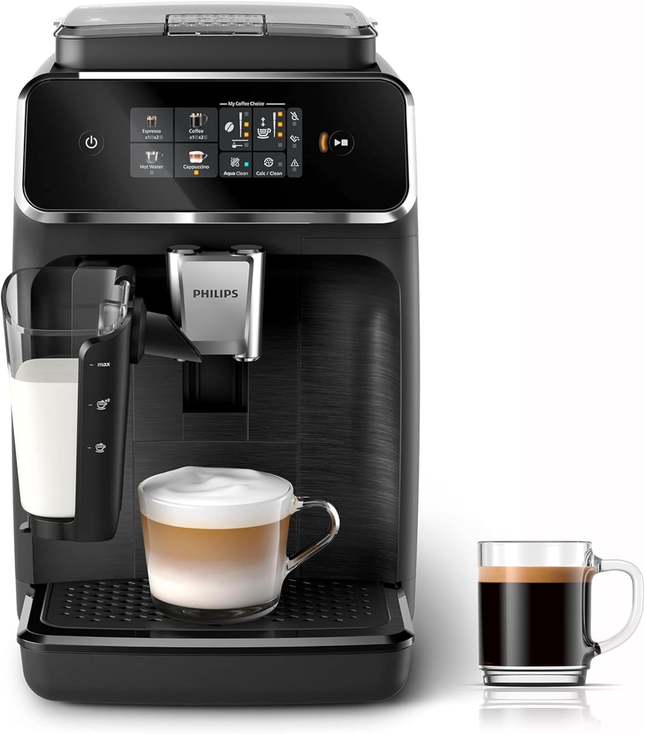 Philips z serii 2300 w pełni zautomatyzowany ekspres do kawy - 4 napoje, nowoczesny, kolorowy ekran dotykowy, LatteGo, SilentBrew, młynek w 100% ceramiczny, filtr AquaClean. Czarny, matowy (EP2330/10)