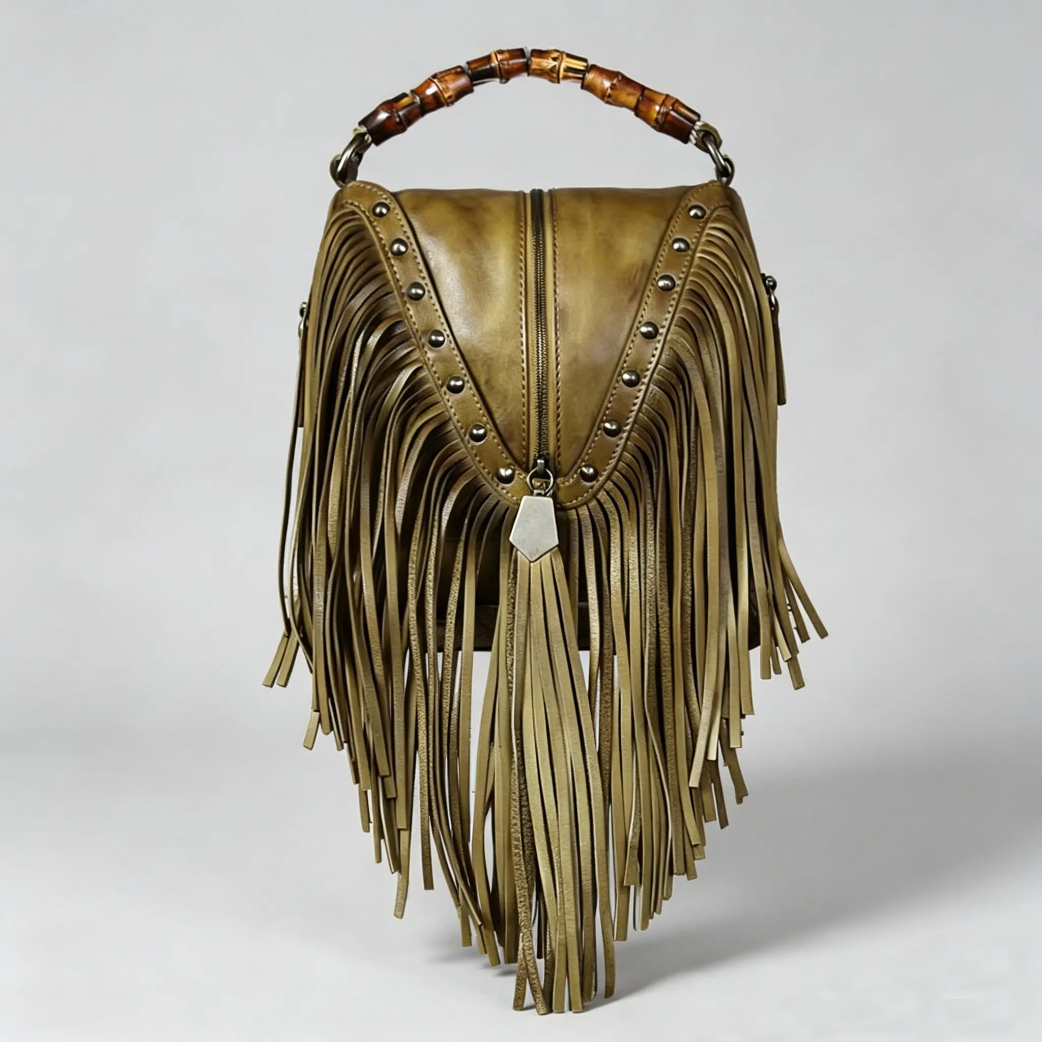 Full Grain Leather Fringe Handbag with Bamboo Handle