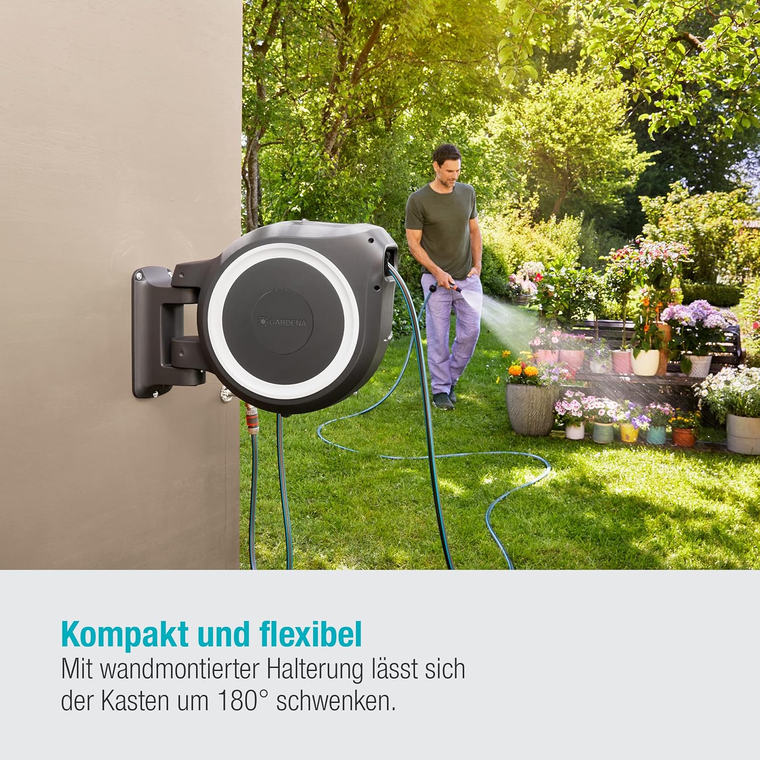 Gardena Wand-Schlauchbox RollUp M/L (weiß) 25 m: flexible Bewässerung für mittelgroße bis große Gärten, Schwenkbare Schlauchbox, inkl. 25 m Gardena Qualitätschlauch und Montagehilfe (18622-20)