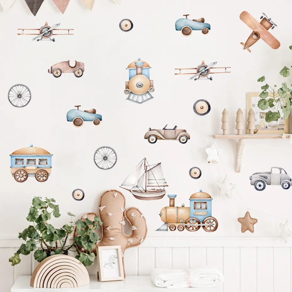 Retro Airplane and Train Wall Decals for Kids Room