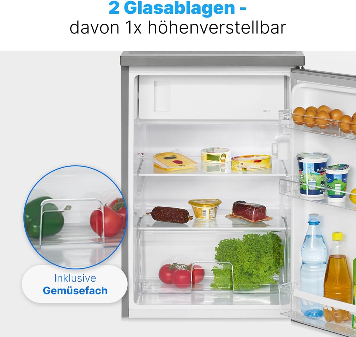 Bomann Kühlschrank mit Gefrierfach Kühlschrank klein mit 120L Nutzinhalt Kühlen 107L  und  Gefrieren 13L Fridge mit 3 Türablagen  und  2 Glasablagen wechselbarer Türanschlag KS 2184.1 inox