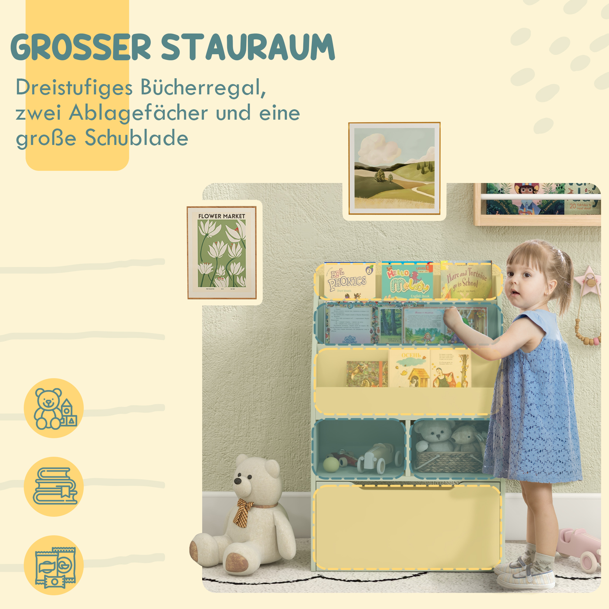 Kinderrek met Lade, Boekenrek met Vakken, 60 x 29,9 x 90 cm, Groen