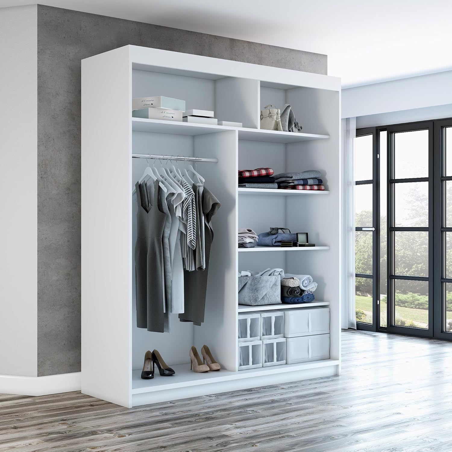 A&J MöbelLand Schwebetürenschrank ERA Kleiderschrank 2-türig mit Spiegel, Garderobe 180 cm (Weiß/Weiß/Weiß)