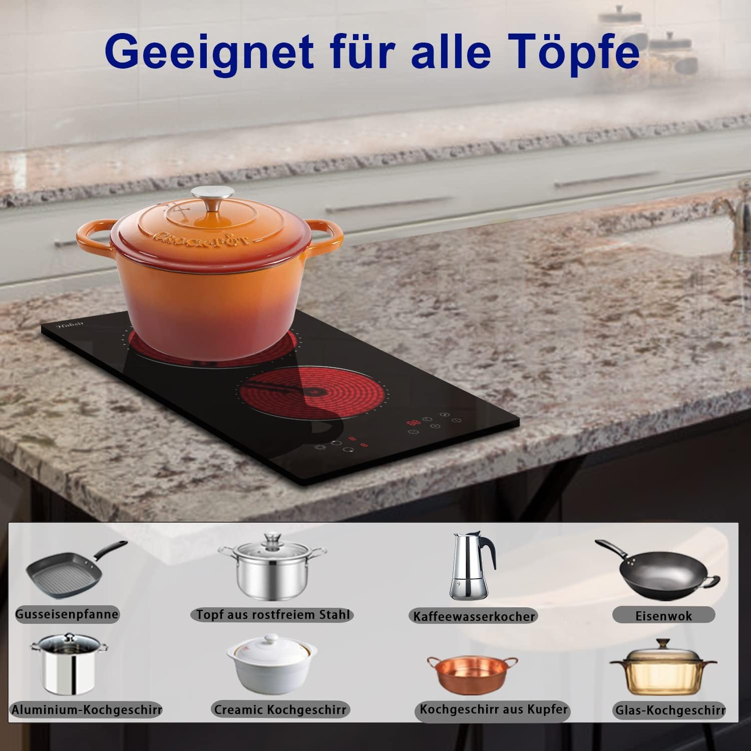 Glaskeramikkochfeld 4 Zonen Kochfelder Sensor-touch Control Kochfeld Autark 60cm, 6000W, 9 Leistungsstufe, verkabelt, kein Stecker