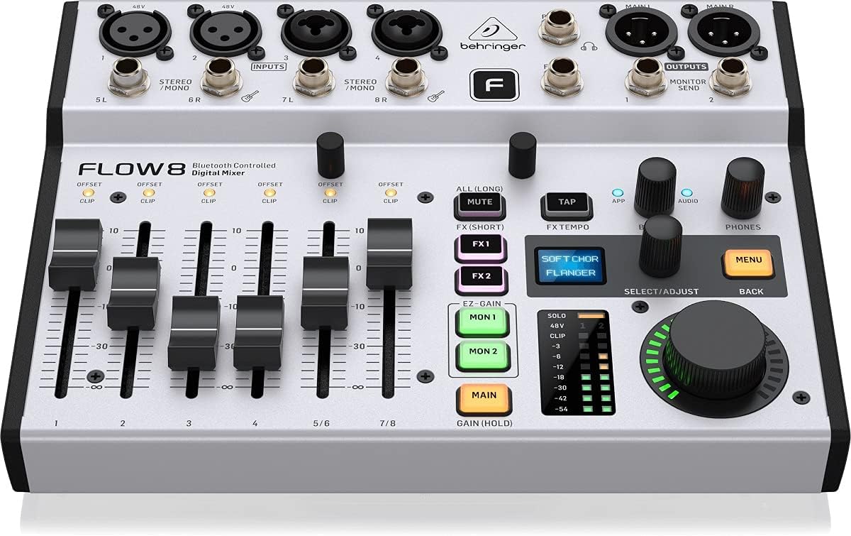 Behringer FLOW 8 8-Input Digital Mixer with Bluetooth Audio and App Control, 60mm Channel Faders, 2 FX Processors and USB/Audio Interface