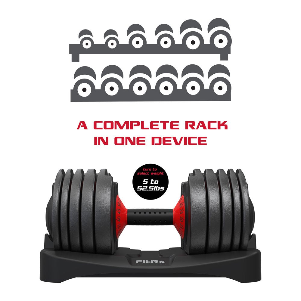FitRx Smart Bell Adjustable Dumbbell 5-52.5 lbs, Quick-Select, Anti-Slip Handle, Home Gym Equipment
