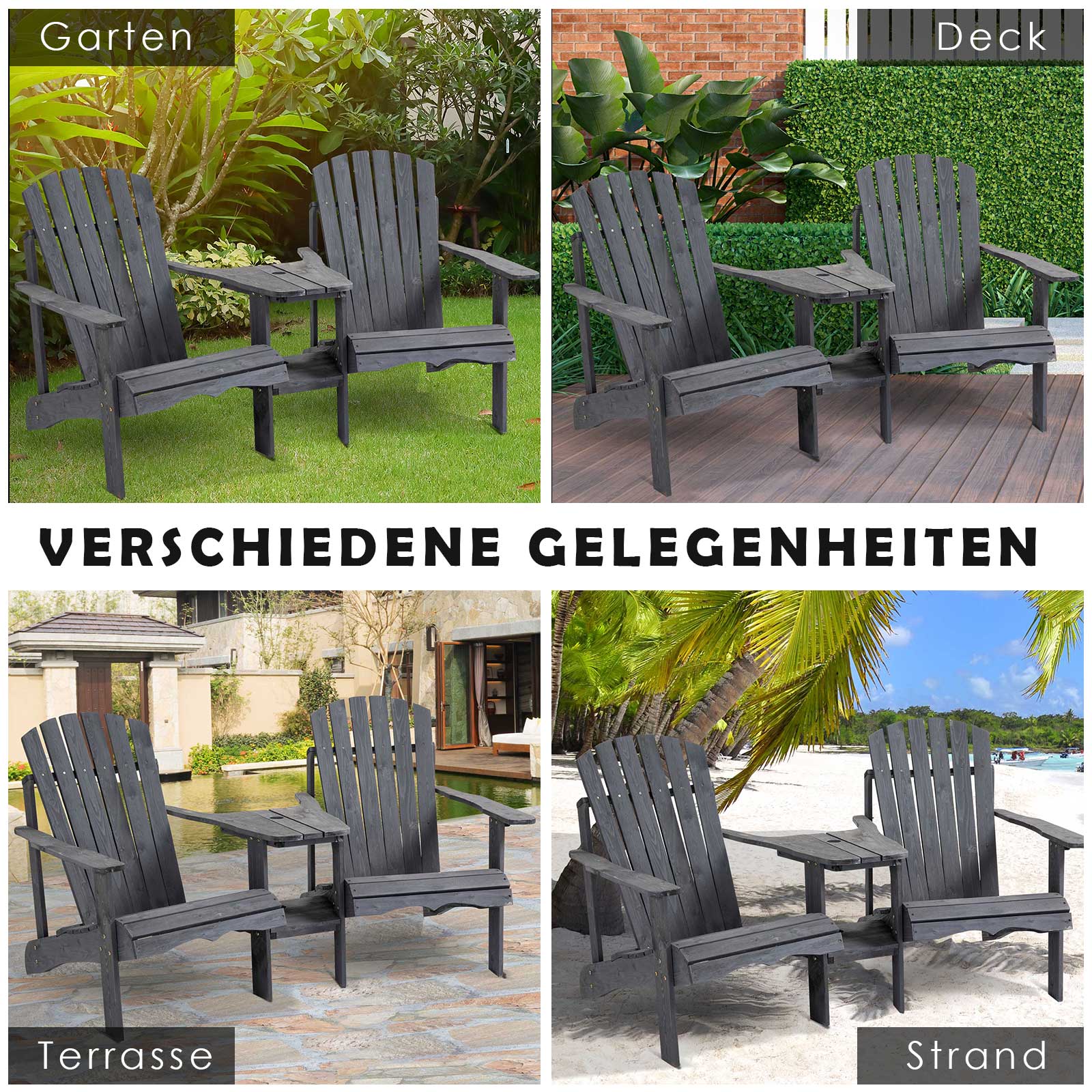 Adirondack tuinstoel met parasolgat tafel 2-zits massief hout grijs