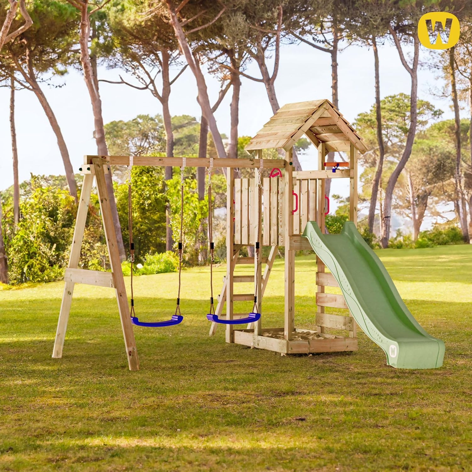 WICKEY Spielturm Klettergerüst MultiFlyer mit Holzdach, Schaukel & pastellgrüner Rutsche, Outdoor Kinder Kletterturm mit Sandkasten, Leiter & Spiel-Zubehör für den Garten