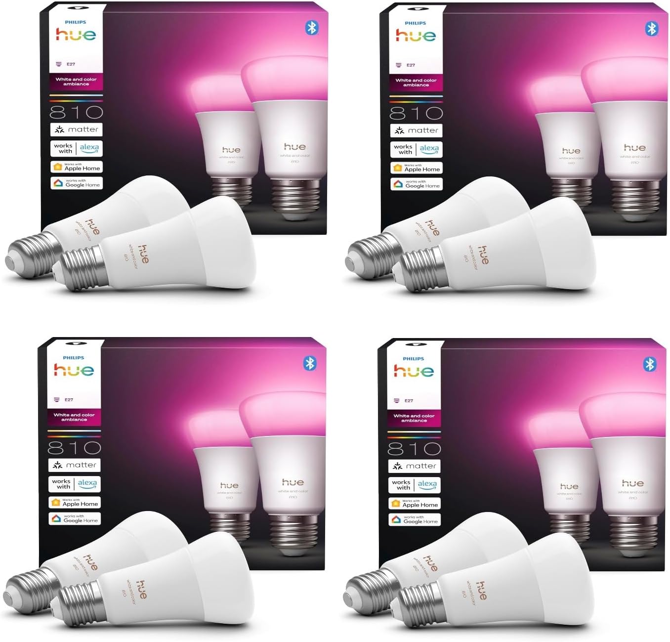 Hue Bundle – 4 x Doppelpackungen, Weiß & Farbe Ambiance 810 A60 E27 Smart-Leuchtmittel (8 Glühbirnen), dimmbare LED, 16 M Farben, App- und Sprachsteuerung, funktioniert mit Alexa, Google Home