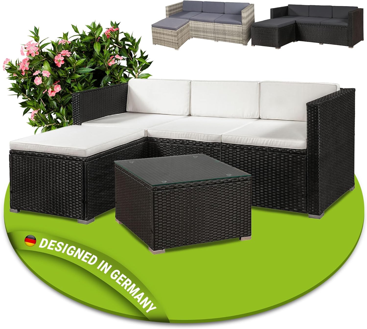 Juskys Polyrattan Lounge Punta Cana M für 3-4 Personen mit 3er Sofa, Sessel, Tisch & Kissen, Sitzgruppe für Garten, Terrasse und Balkon, Gartenmöbel Set wetterfest - schwarz/Creme