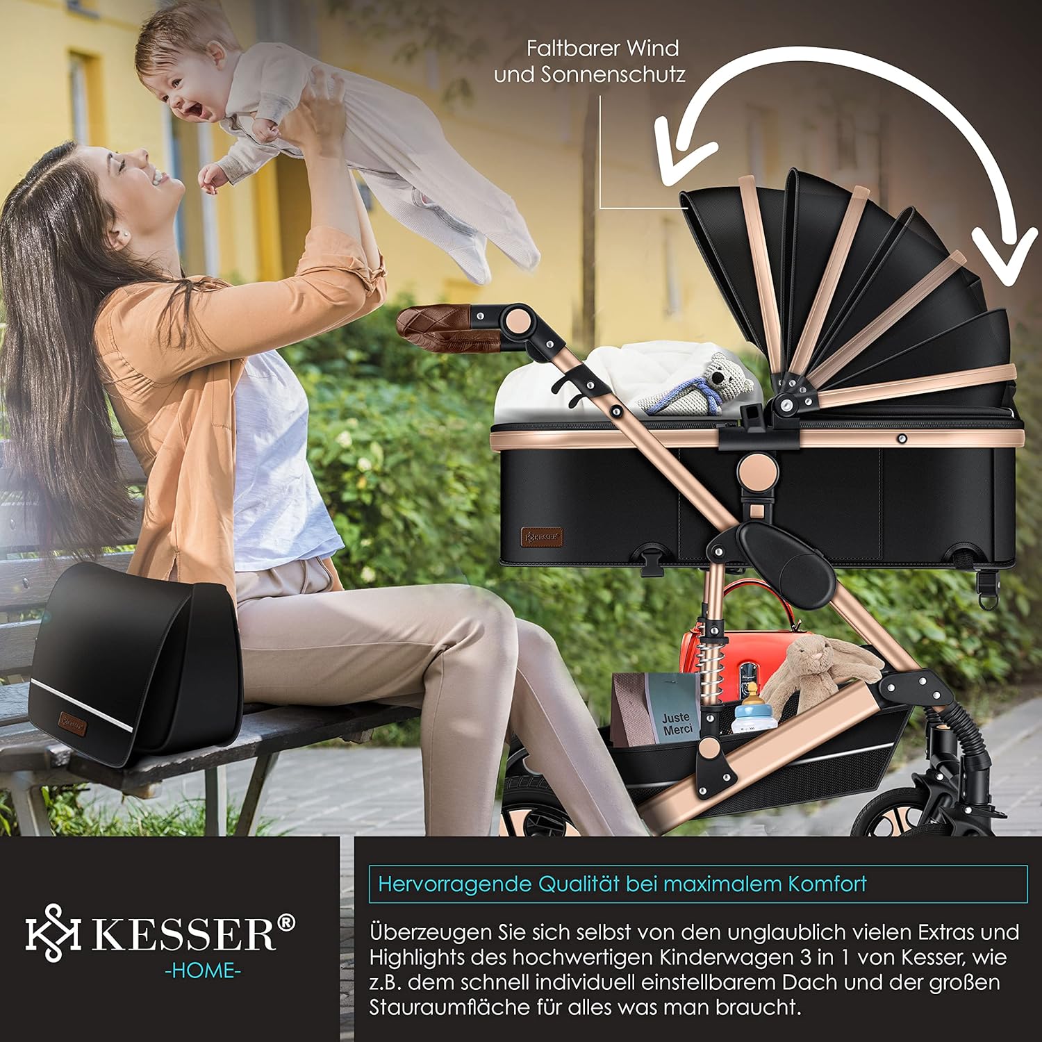 KESSER® Loops 3 in 1 Kinderwagen Kombikinderwagen Komplett-Set inkl. Babywanne & Buggy Sportsitz & Auto-Babyschale Voll-Gummireifen Wickeltasche Regenschutz Kindertisch ECE R129, Schwarz/Champagne