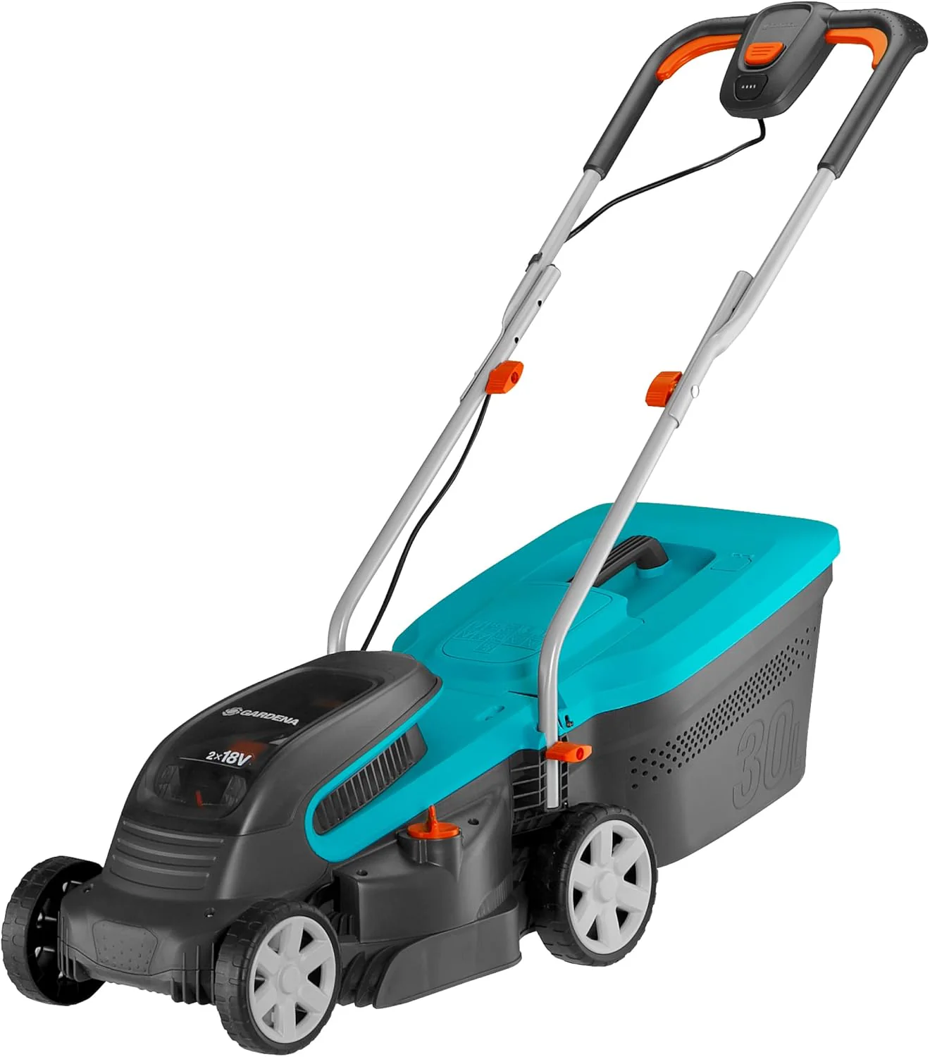 Gardena Akku-Rasenm?her PowerMax 32/36V P4A Ready-to-Use Set: Rasenm?her bis 200 m2, 32 cm Schnittbreite, 30 l Fassungsvolumen, Schnitth?he 20-60 mm, inkl. 2 x 18V P4A Akku (14621-20)