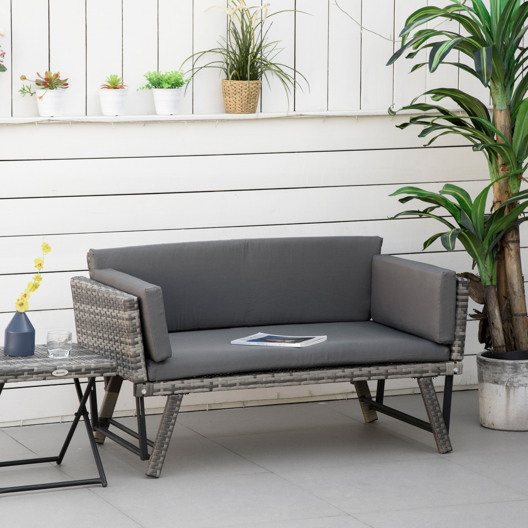 2-zits tuinbank met opklapbare armleuningen, grijs 129 x 66 x 67 cm