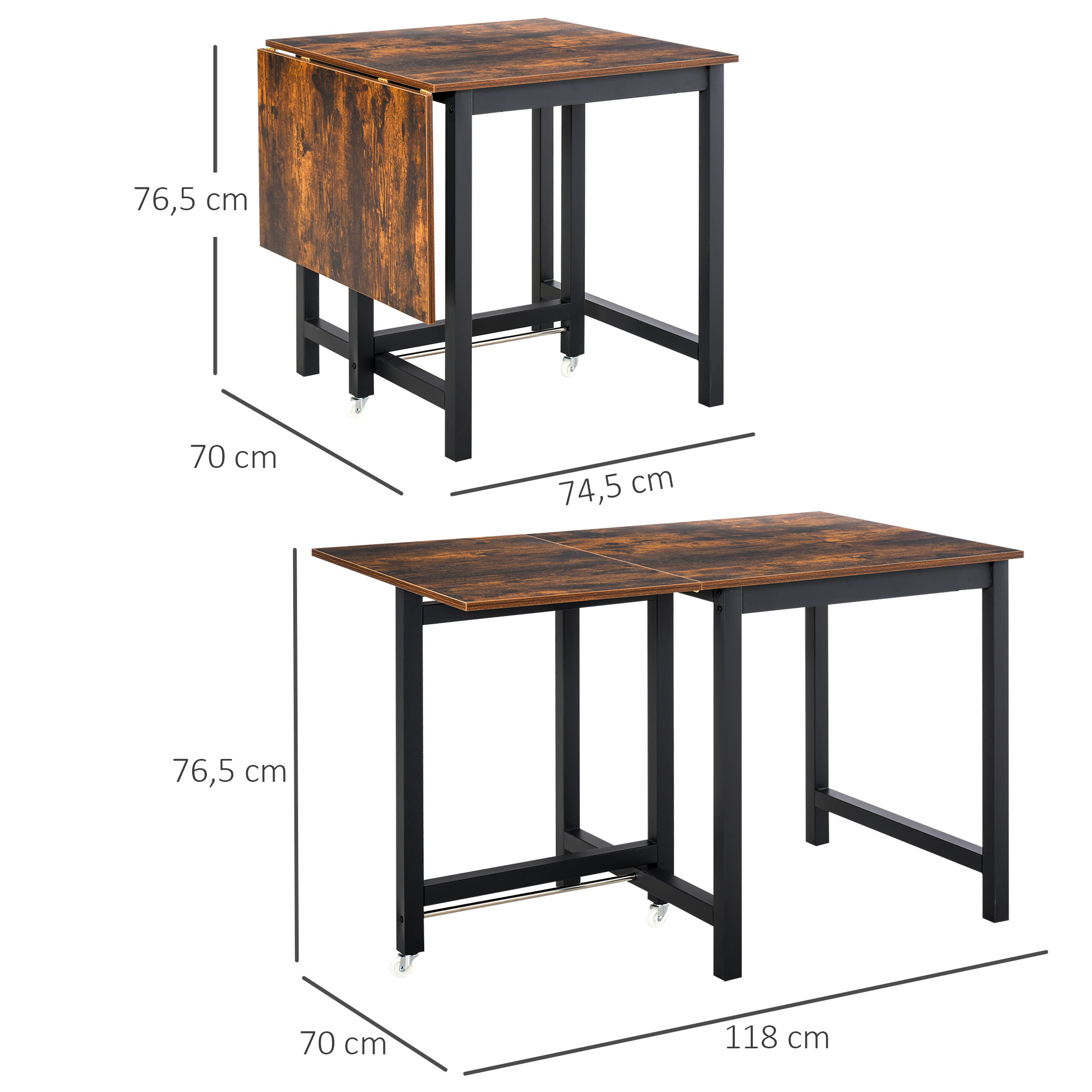 Opklapbare Eettafel, Industri?le Tafel, Opklapbaar, van Metaal en Hout, Ruimtebesparend, Bruin