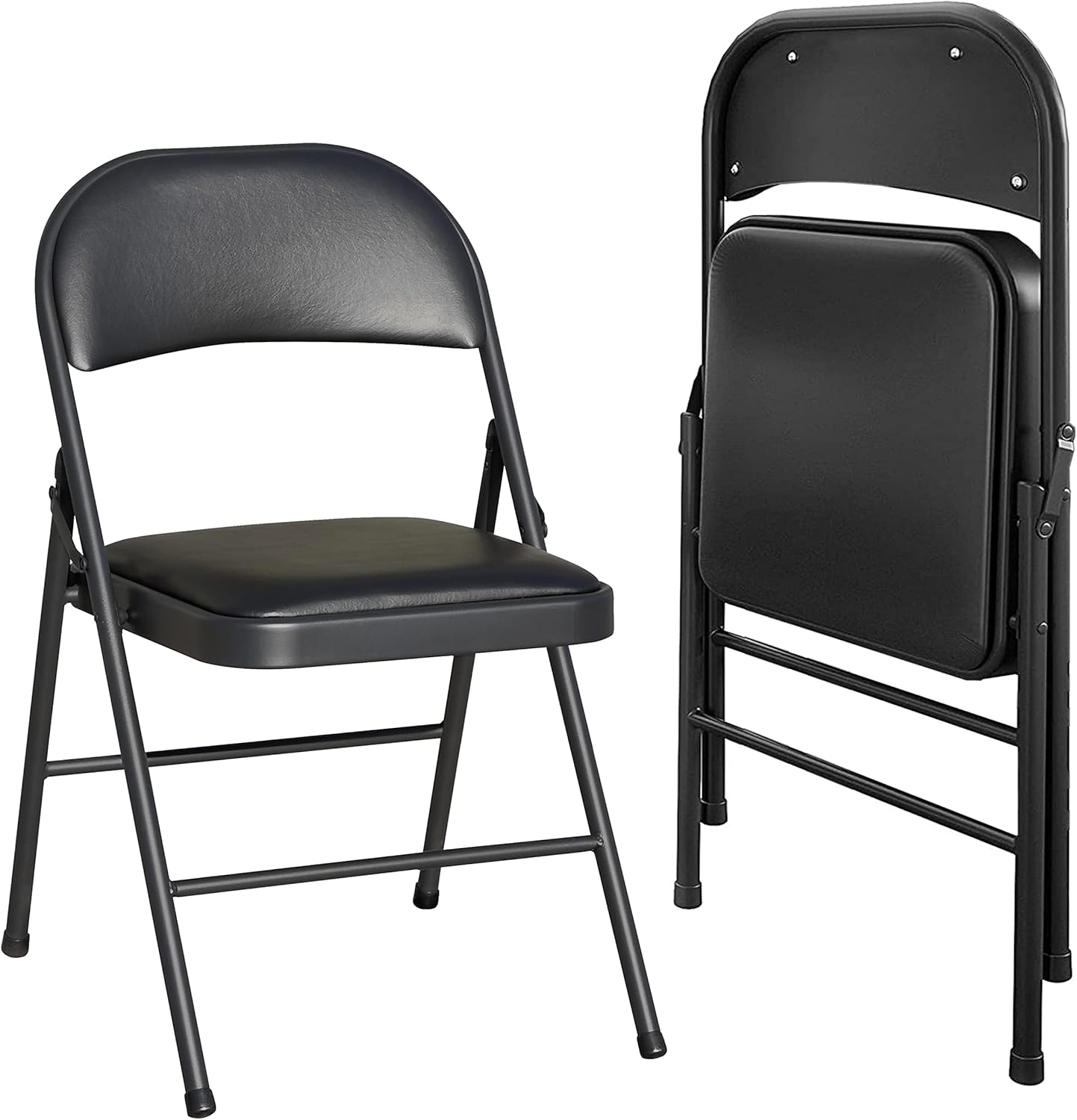 Set van 2 gestoffeerde klapstoelen van vinyl, eenvoudig op te bergen en stapelbaar, met gepoedercoat metalen frame, robuust en opvouwbaar voor binnengebruik op kantoor.