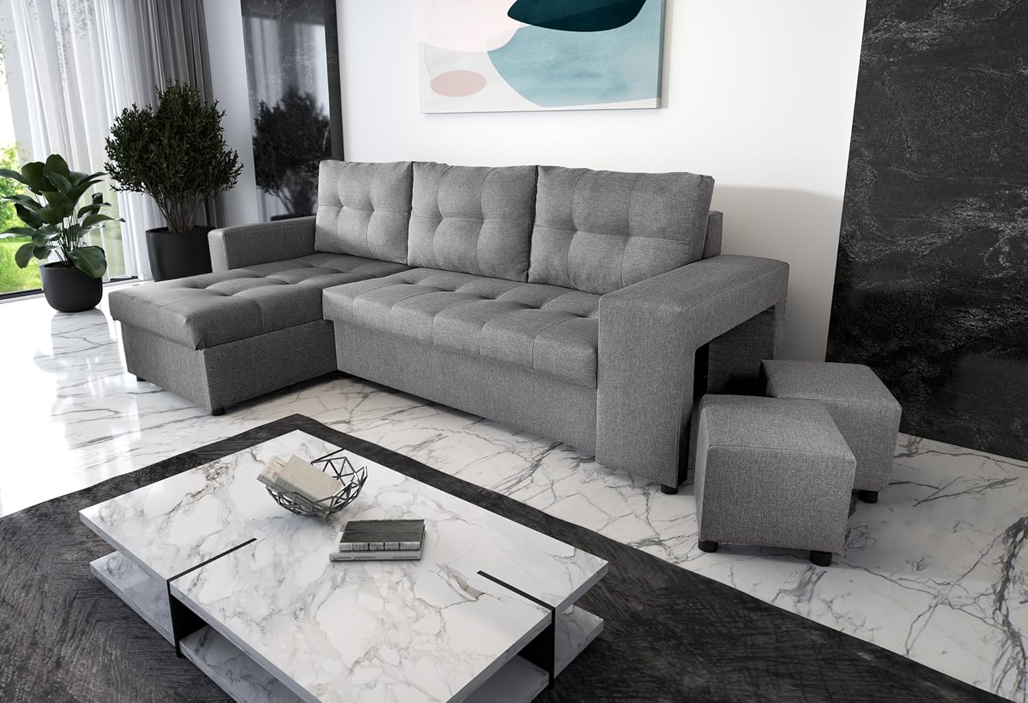 NAWSTOL - Sofa narożna Leon z funkcją spania i skrzynią na pościel – nowoczesna sofa do salonu – możliwość montażu z lewej lub prawej strony (szara + biała sztuczna skóra)