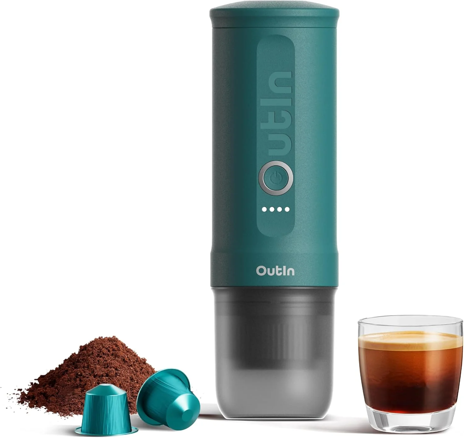 OutIn Nano Draagbare Espressomachine met Batterij, voor onderweg of camping, Koffiezetapparaat to go, met elektrische zelfverwarming via USB - C, 2 in 1 voor gemalen koffie en NS - capsules