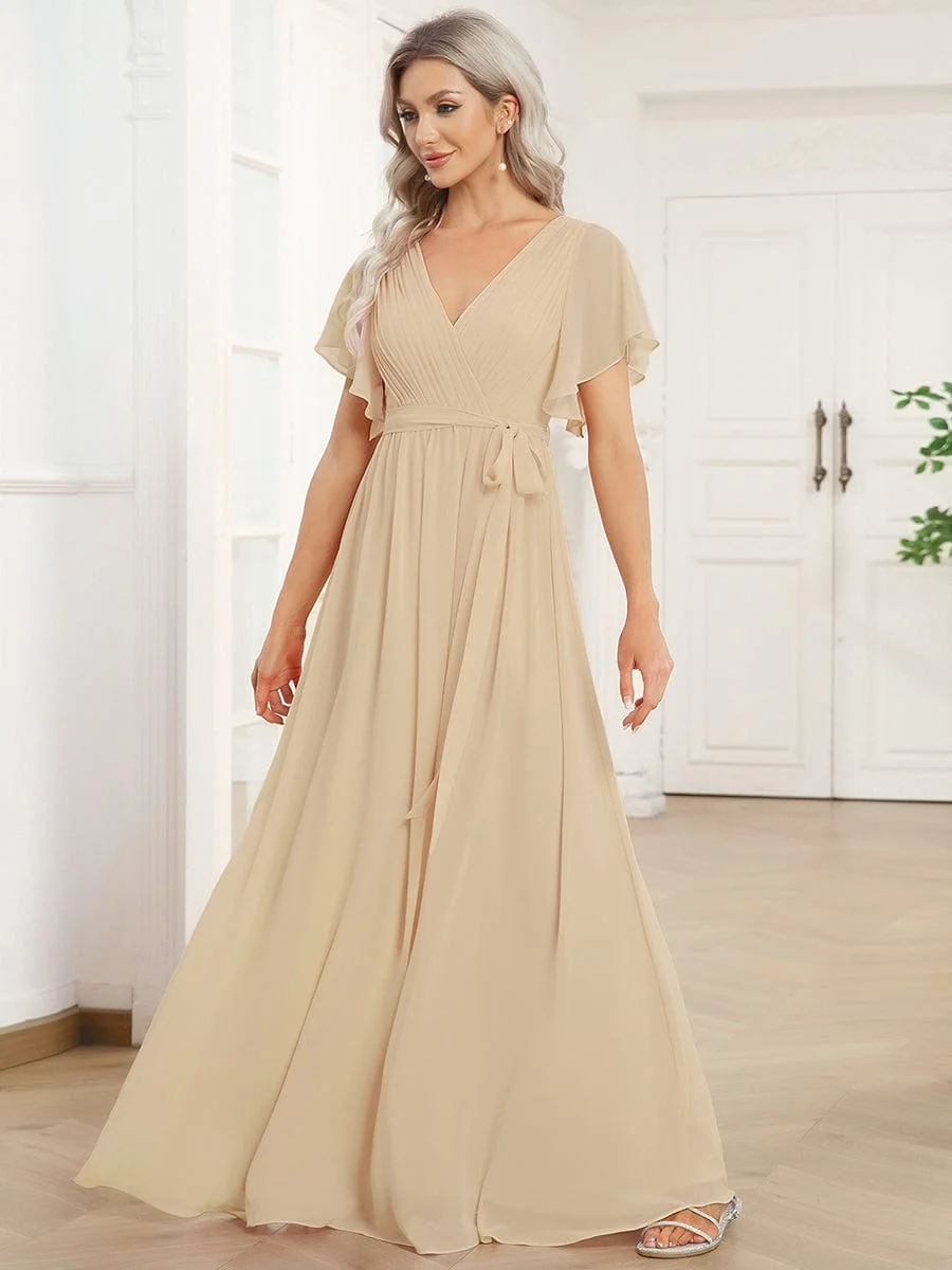 Abendkleid Damen Maxi A-Linie aus Chiffon | Festliches Kleid f��r Hochzeitsg?ste mit V-Ausschnitt und Fl��gel?rmeln