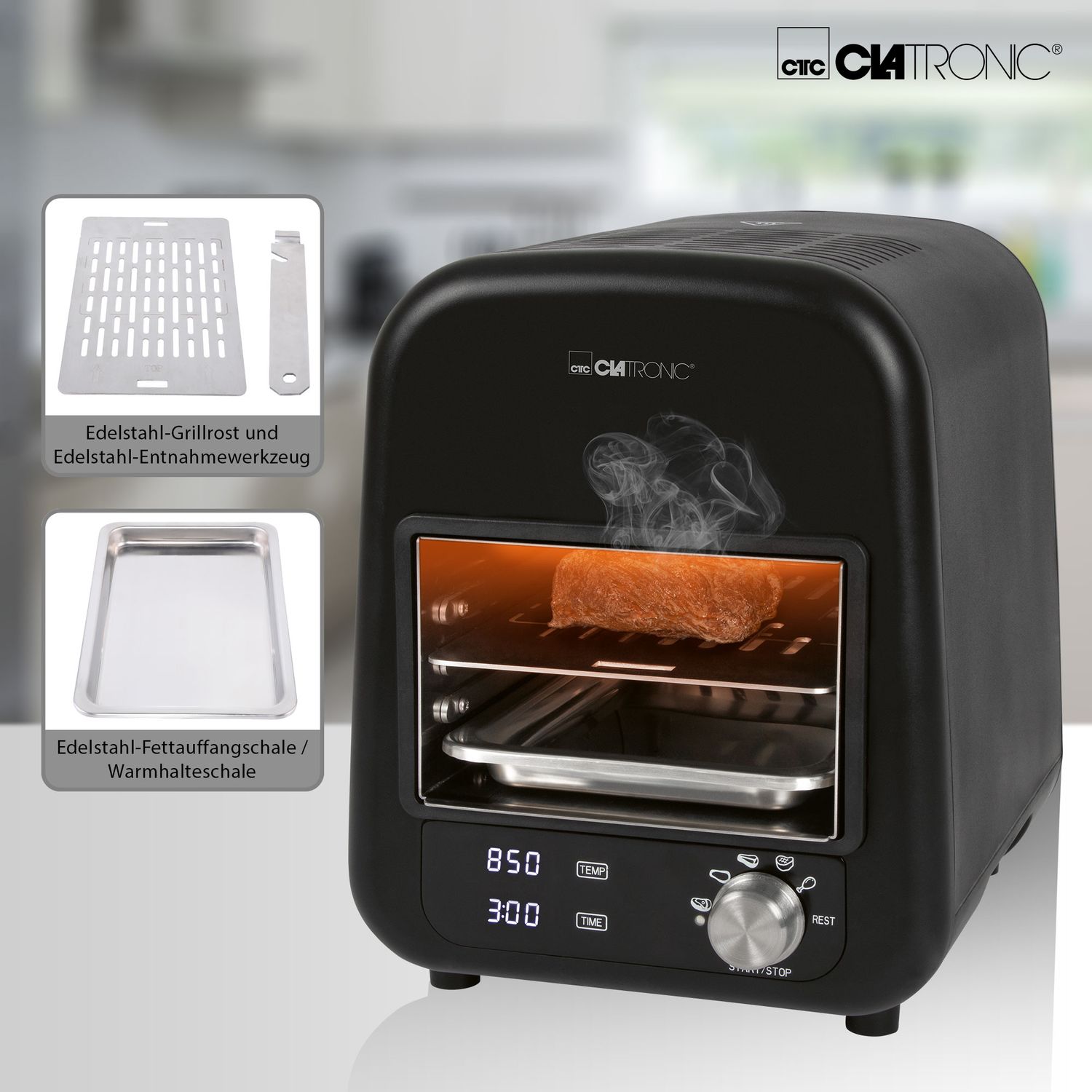 Grill elektryczny na podczerwień Clatronic EBG 3760, grill ceramiczny, 5 programów gotowania, 850°C, czarne wnętrze, 1600 W
