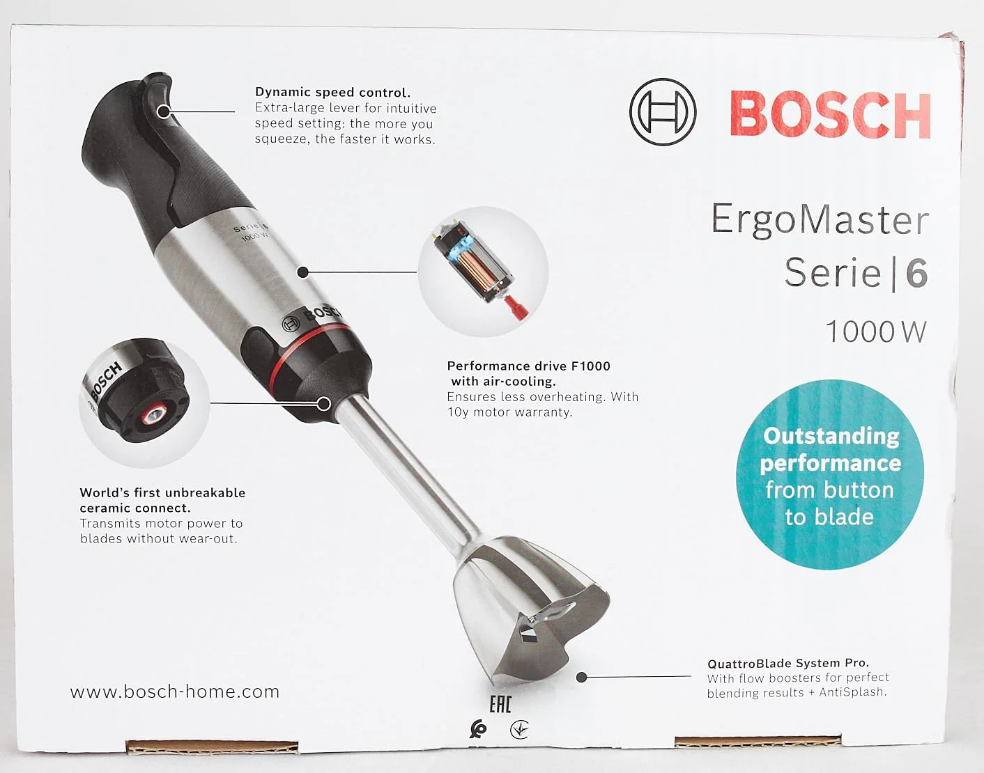 Bosch staafmixer ErgoMaster Serie 6 MSM6M673, 10 jaar motorgarantie, roestvrijstalen messen, slijtagevrije keramische koppeling, luchtkoeling, hakmolen, pureerstamper, garde, 1000 W