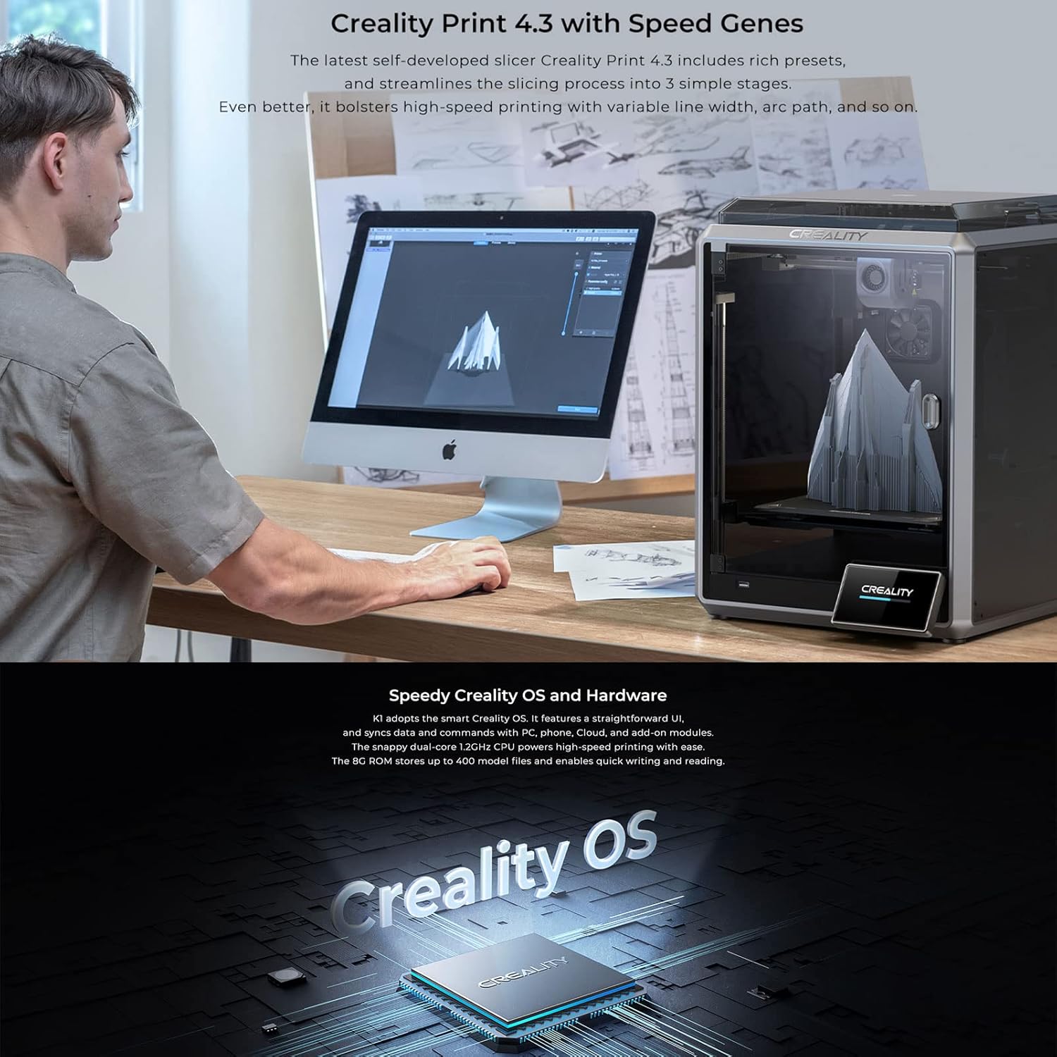 Creality K1 Speedy 3D Drucker, 600 mm/s Druckgeschwindigkeit, FDM 3D Printer, 32m³/s Flow-Hotend, Doppellüfter, Fernüberwachung, Automatischer Nivellierung und Touchscreen, 220x220x250mm