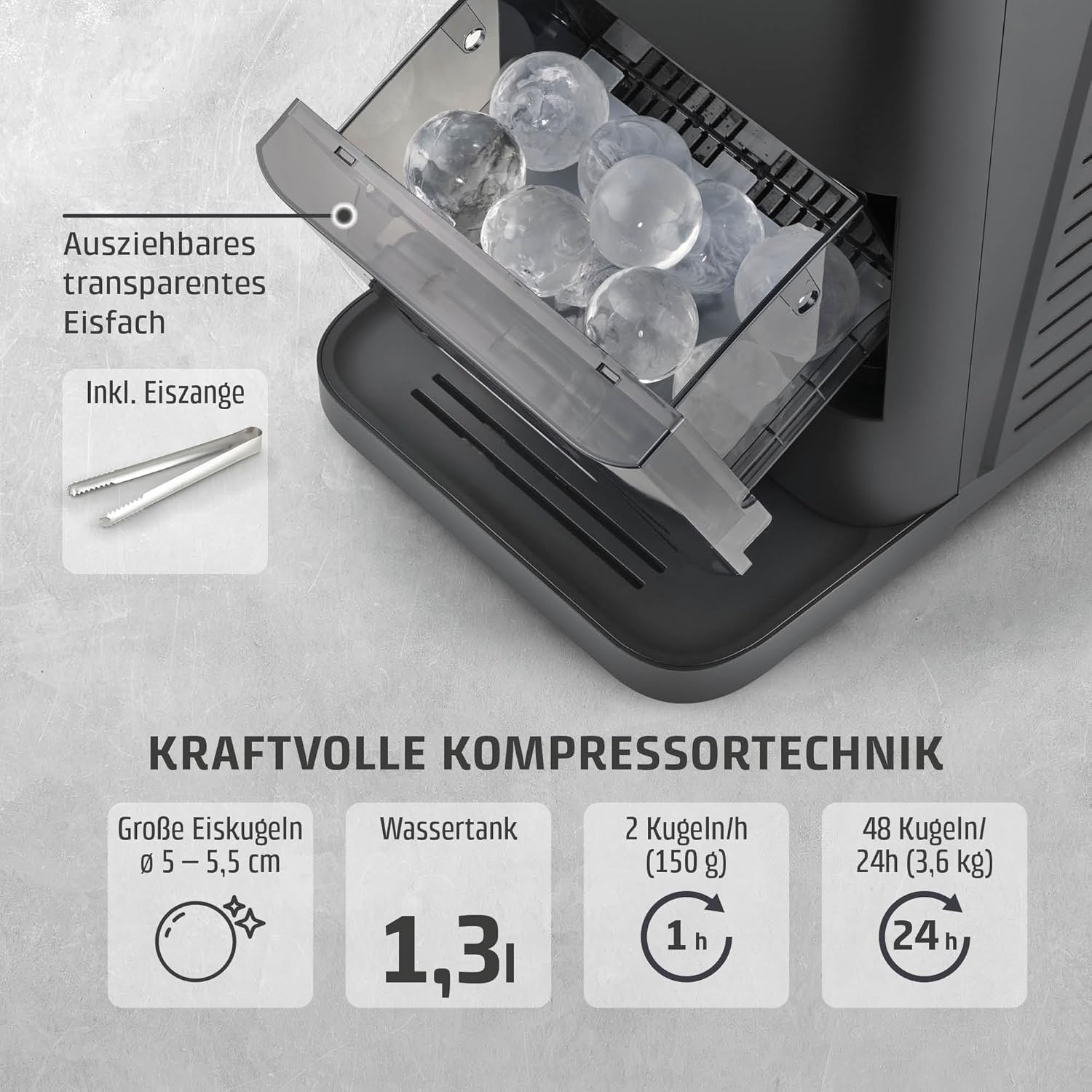 CASO IceBall Pro Eiskugelbereiter mit Kompressor - Kristallklare Eiskugeln 50-55 mm, 2 Kugeln/Stunde, 1,3 l Wassertank, Selbstreinigung, LED-Anzeige, mattschwarz