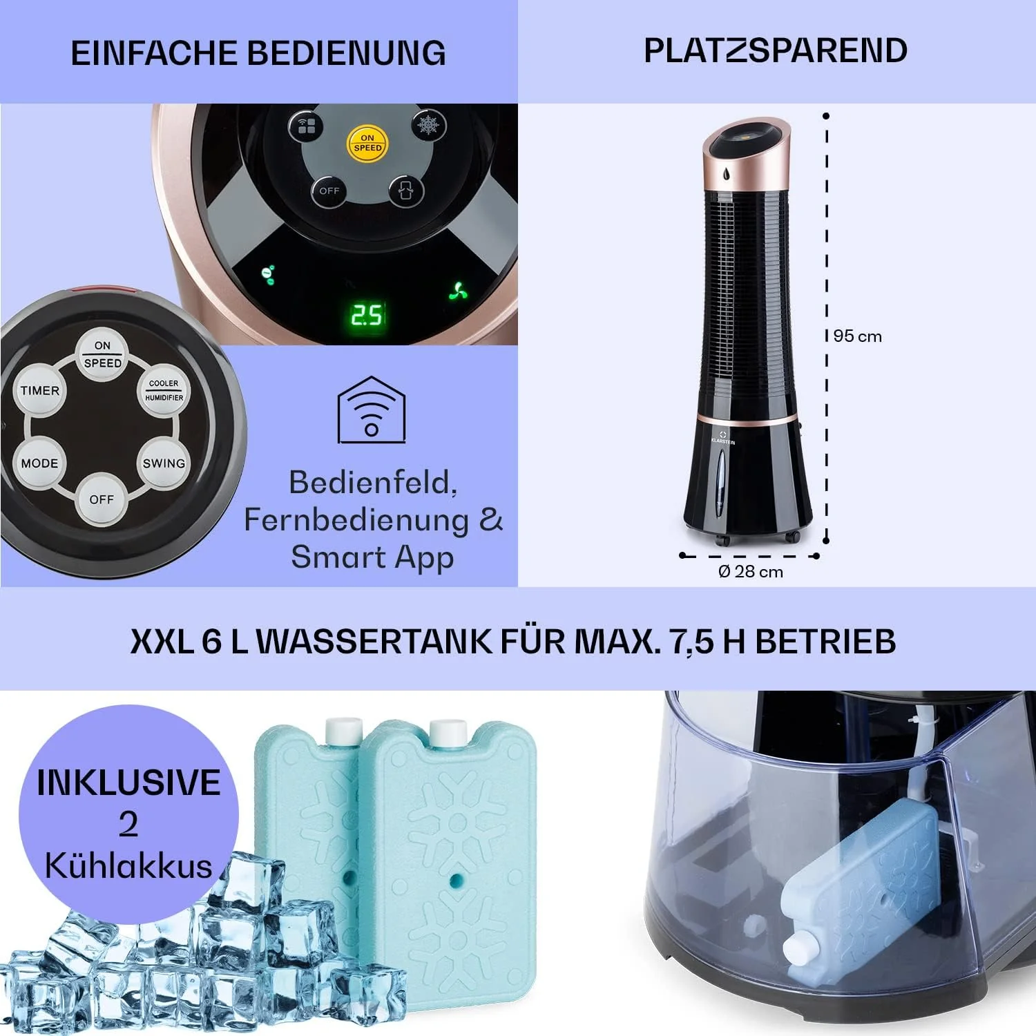 Klarstein 4-in-1: Slimme luchtkoeler, ventilator, luchtbevochtiger & ionisatie I 6 L watertank, oscillatie, 30 W, 210 m3/u, timer I Klimaatregelaar zonder afvoerslang, Mobiele airconditioner, Zwart-ros��goud
