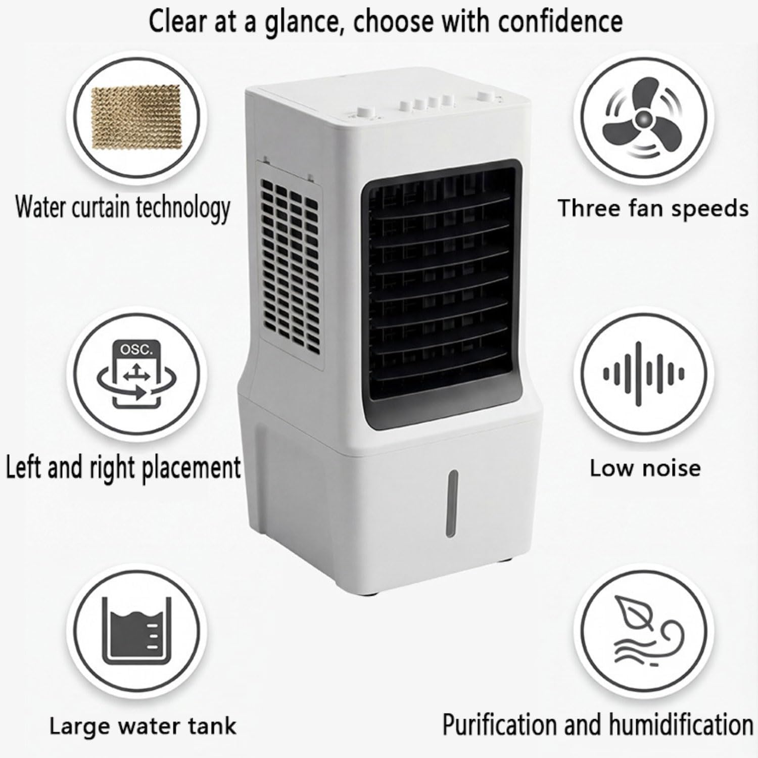 Fensterlose, tragbare Klimaanlage mit 60°-Oszillation, abluftloses Klimagerät, schlauchloser, leiser Verdunstungskühler mit Oszillation, Kühlbox-Ventilator für Schlafzimmer, Innen- und Außen