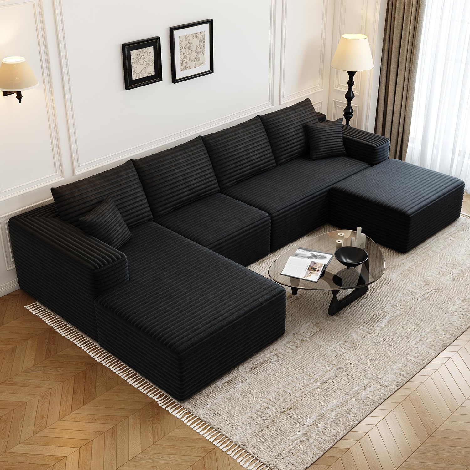 107.5 Cloud Modular Sectional Sofa Couch with L-Shape Chaise.Modern Minimalist Upholstered Couches for Living Room Bedroom.Deep Seat Corner Couch锛�No Assembly Required (Black.Left Facing Chaise)