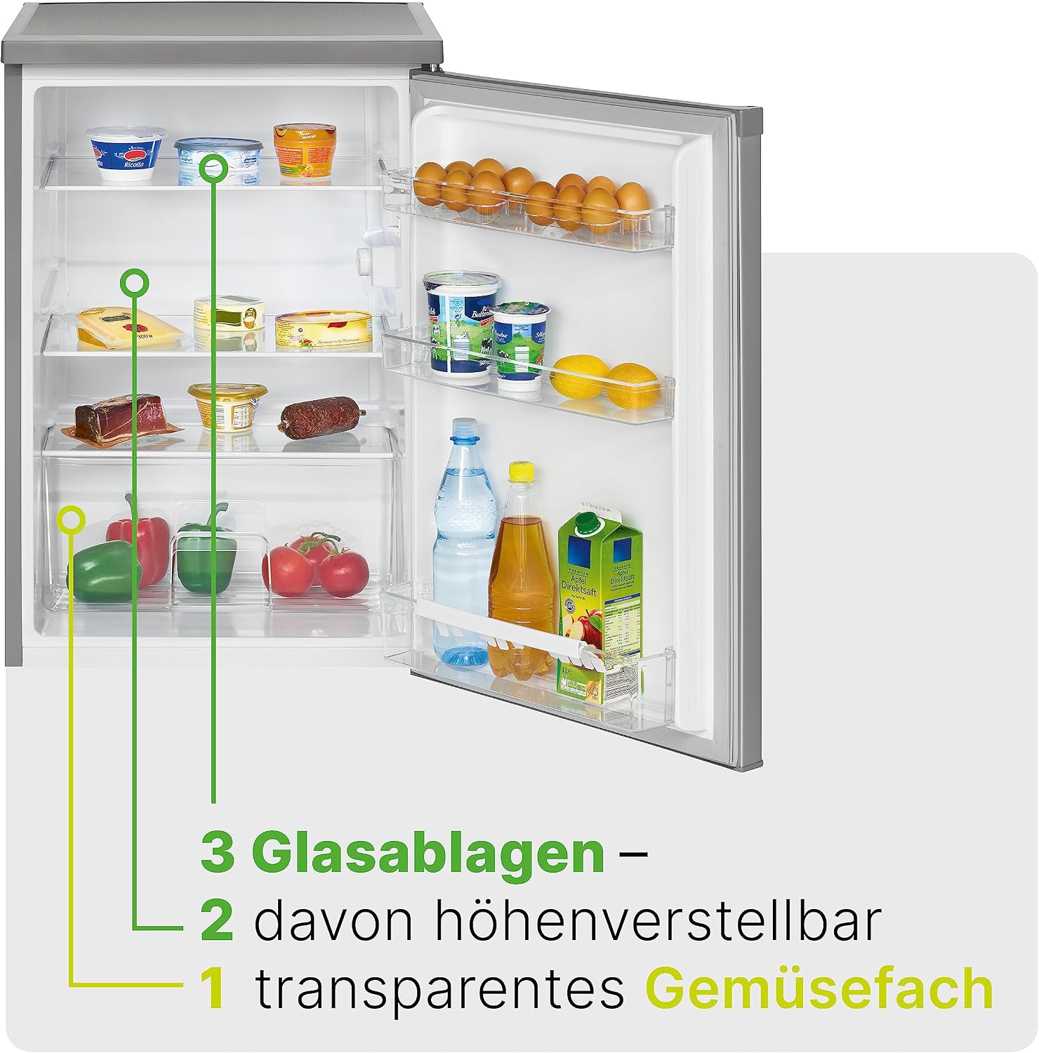 Bomann® Kühlschrank ohne Gefrierfach mit 133L Nutzinhalt | 3 Ablagen | klein m. Gemüsefach & wechselbarem Türanschlag | Tischkühlschrank leise | H:84.5 x B:56 x T: 57.5cm | VS 2185.1 inox